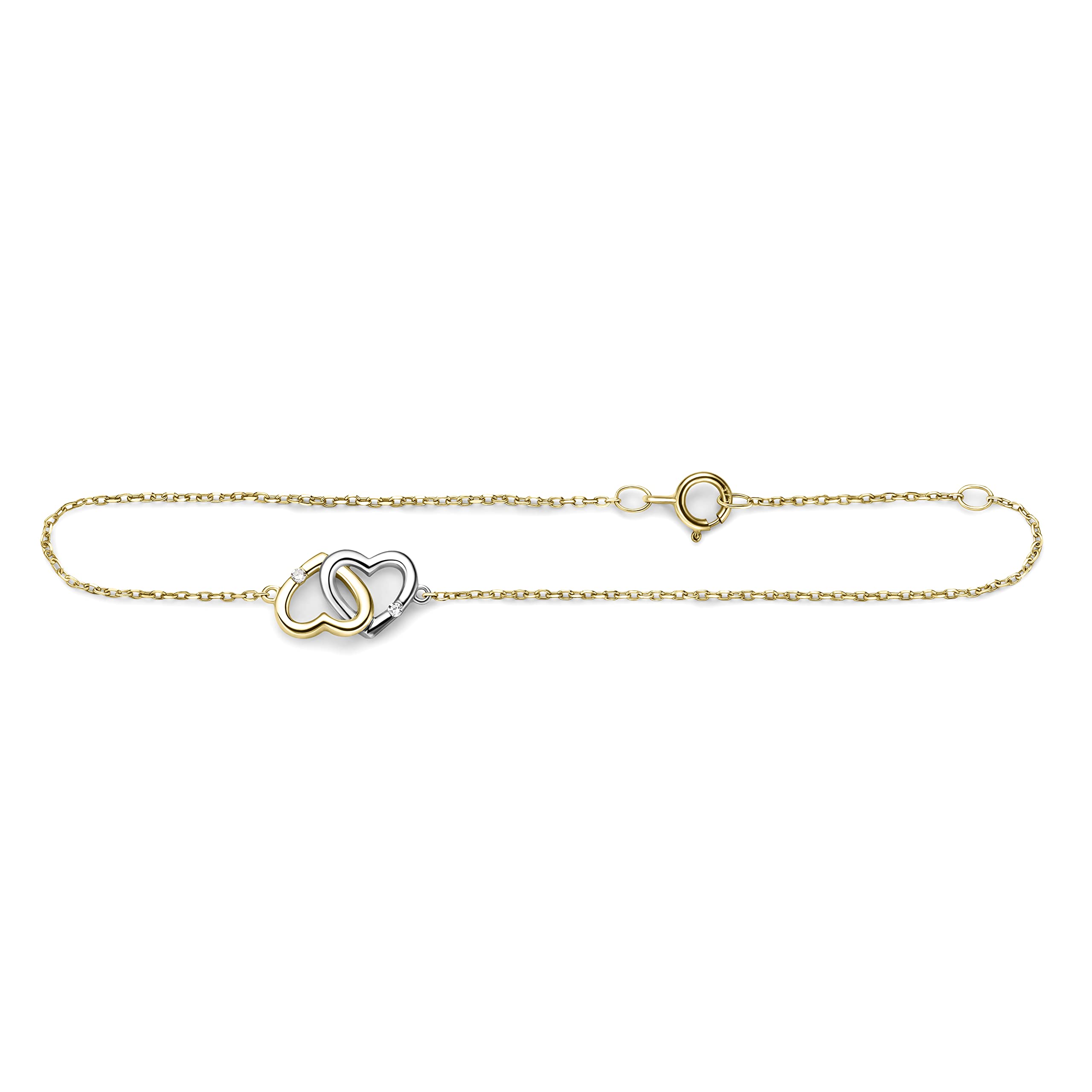 MIORE Bracciale Donna con Catena e Due Cuori con Diamanti naturali in Oro Giallo Oro Bianco. Catenina e Cuori Anallergici in Oro Vero 9KT 375. Braccialetto Cm 18 Riduzione a Cm 16.