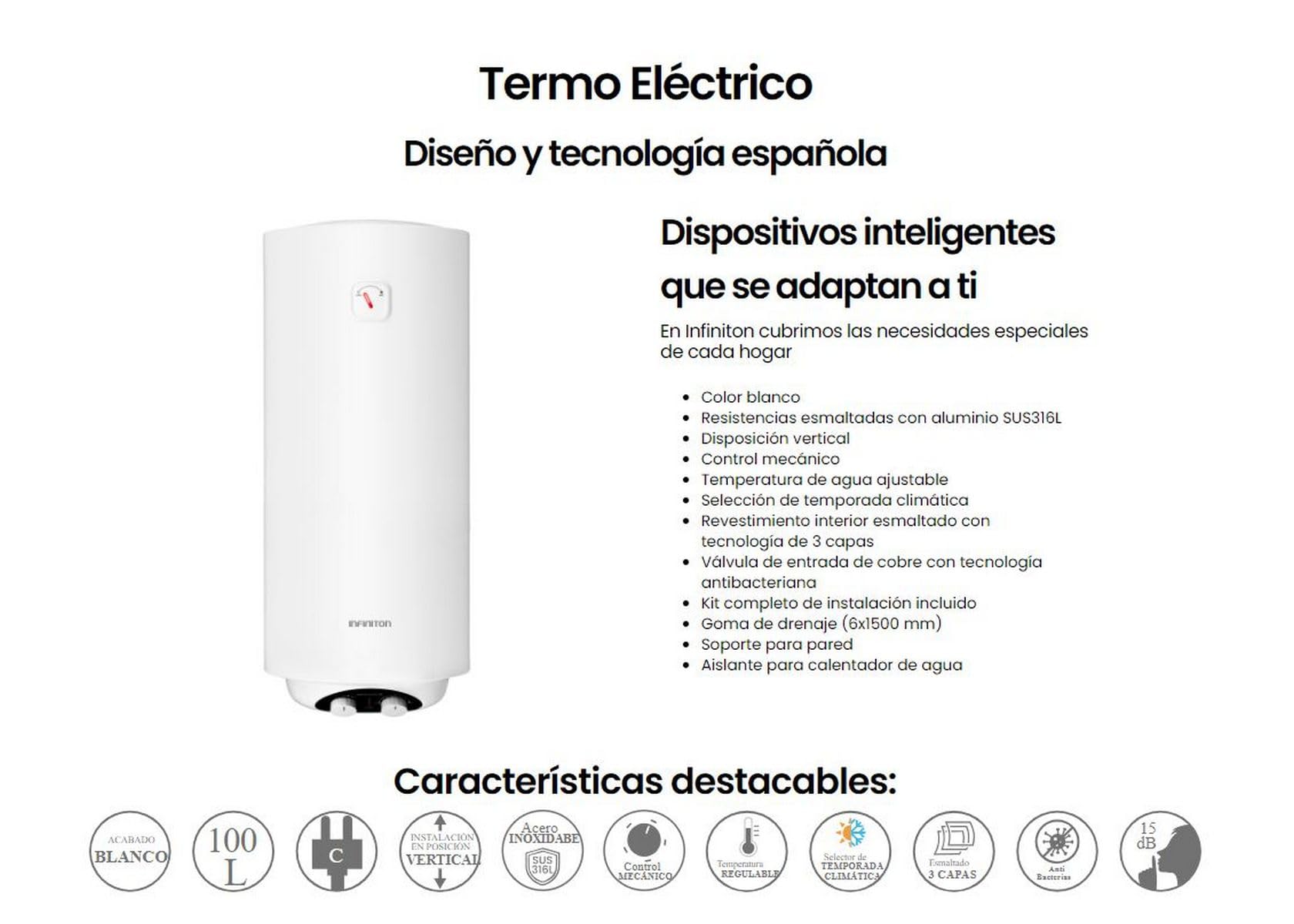 INFINITON Termo Electrico CAS20V80D, 80 Litros, Resistencias esmaltadas por aluminio SUS316L, Instalación en posición vertical, Selector de temporada climática, C