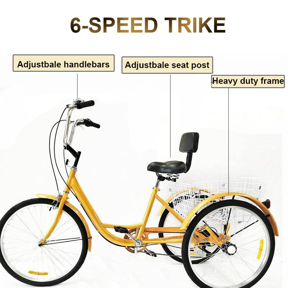 Tricycle Adulte 24 Pouces, 3 Roues, 6 Vitesses, avec Panier, pour Adultes et Personnes âgées, vélo pour Le Shopping, Les Sports de Pique-Nique en Plein air