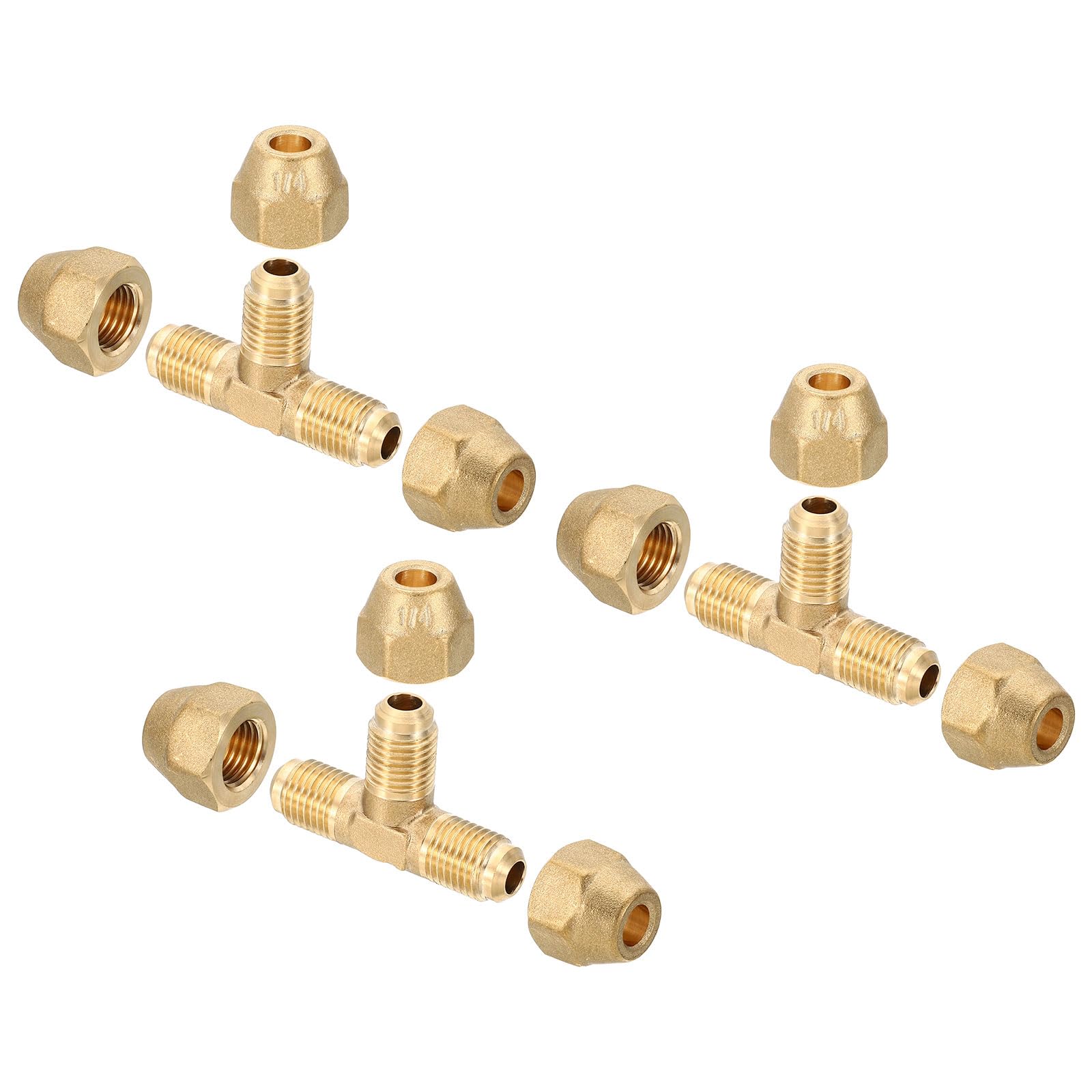 PATIKIL 1/4" x 1/4" x 1/4" Brass Pipe Fitting, 3 Pack Flare Tee Tube Fitting Pipe Adapter Connector with Nut for Air Conditioner Refrigeration Plumbing
