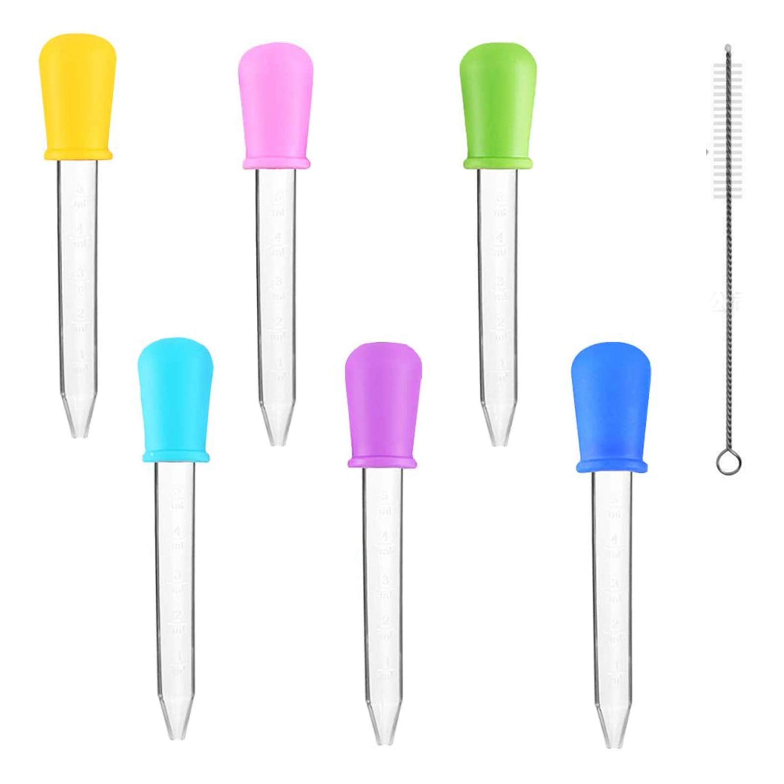 BEHAHAI 7PCS Silicone Pipettes Dropper, 5ML Liquid Droppers with Cleaning Brushes Plastic Eye Droppers Pipettes Medicine Transfer Dropper Pipettes for Kids Children Feeder Wax Melt Gummy Candy Mold