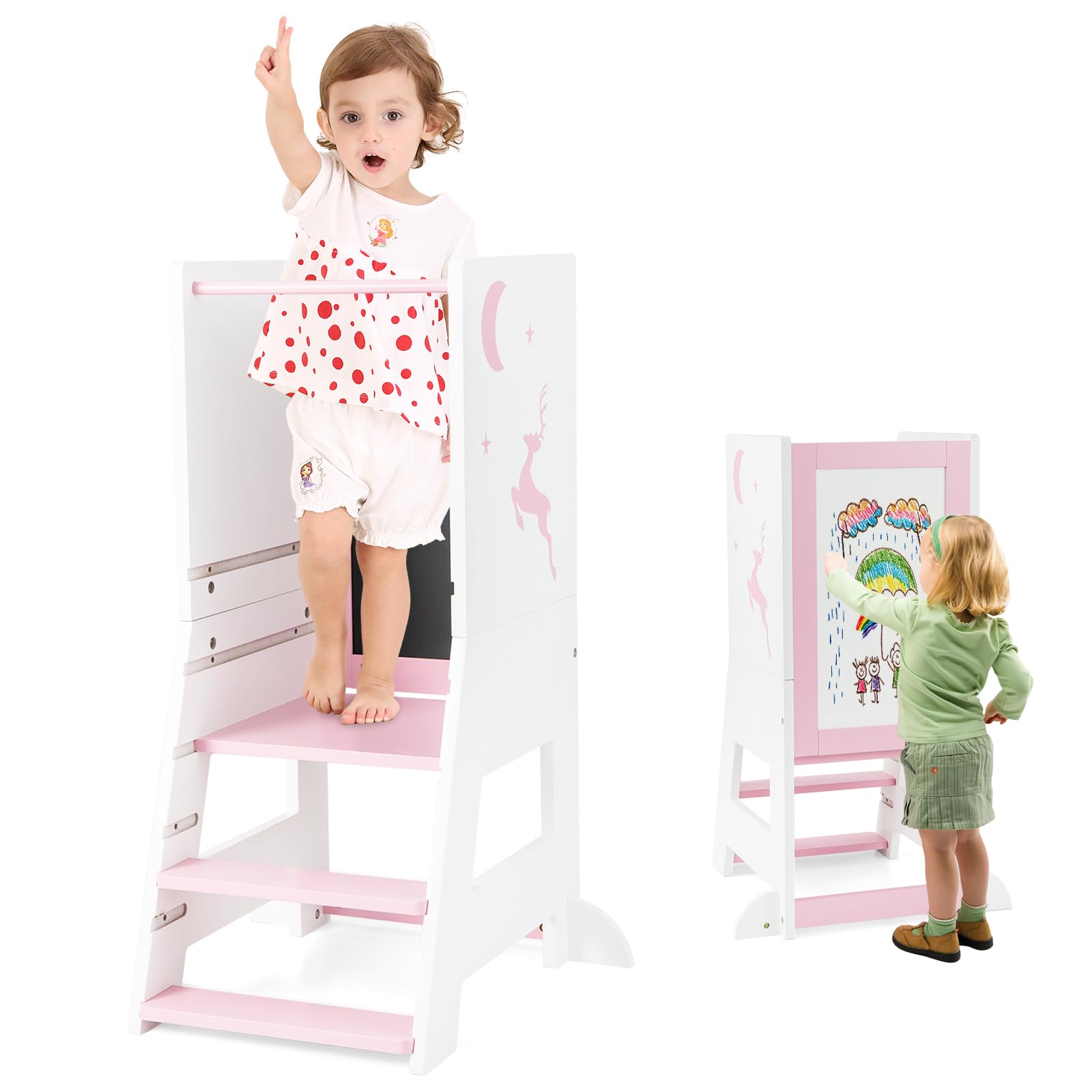 RELAX4LIFE Torre Montessoriana 3 in 1 per Bambini, Torre di Apprendimento Altezza Regolabile con Lavagna Bifacciale e Piedini Antiribaltamento, Rosa