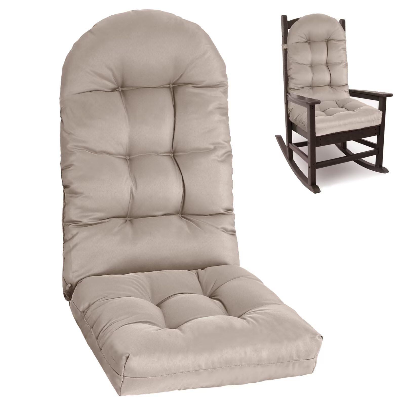 adirondack chair cushion, rocking cushions 44x19.4x4 inch, high back patio recliner cushion of upper and lower with ties, sunscreen and fade-resistant khaki,1