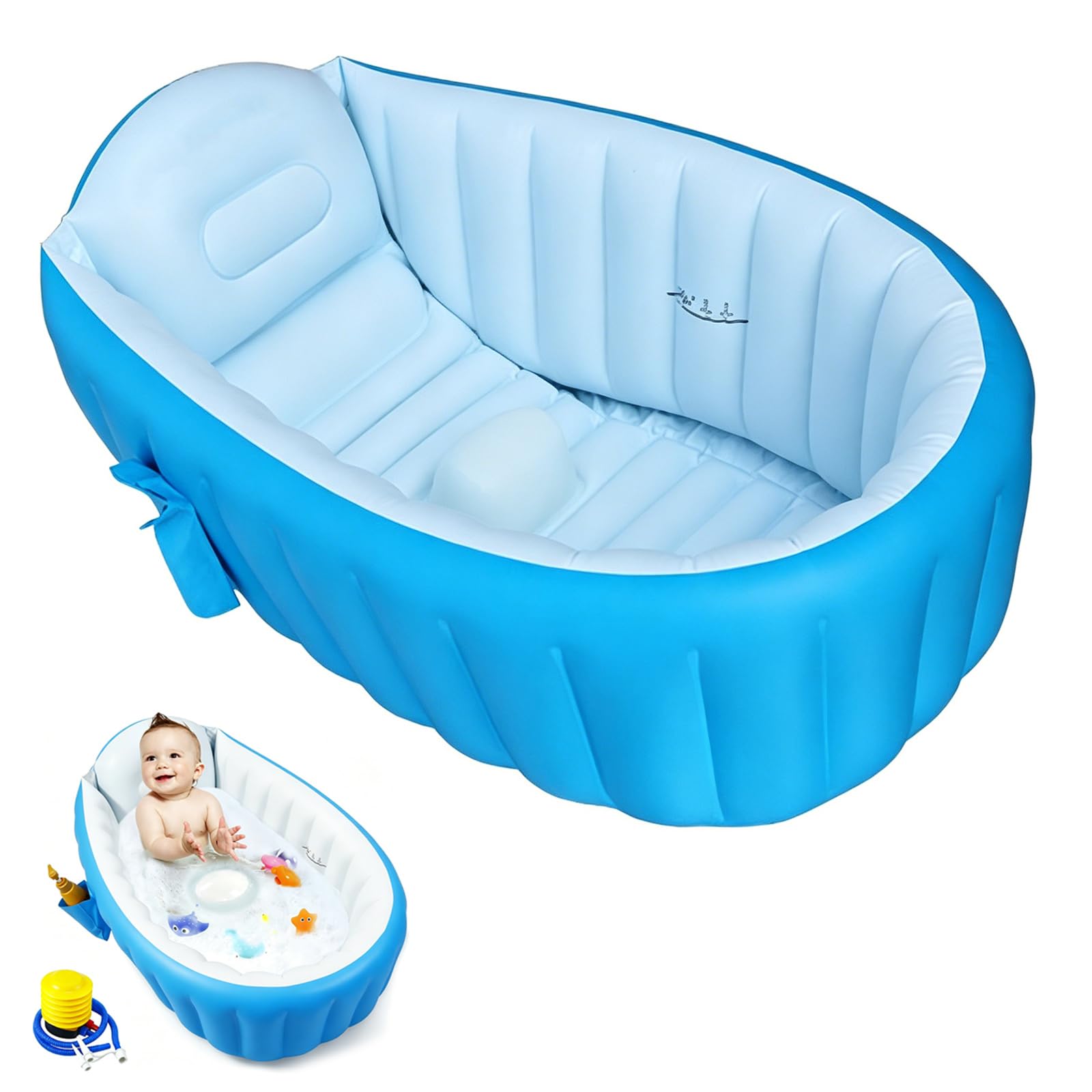 BañEra Inflable,PortáTil De Viaje para BebéS Y NiñOs PequeñOs,con Bomba Aire,Un Imprescindible El BañO,DiseñO Plegable Un FáCil Almacenamiento, ReciéN Nacidos hasta(64 * 98 * 28cm,Blue)