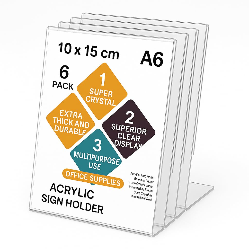 SWYFT ESSENTIALS A6 Display Stand – Pack of 6 Clear Acrylic L-Shaped Menu Holders | Premium A6 Acrylic Sign Holders for Tabletop or Countertop Use (A6)