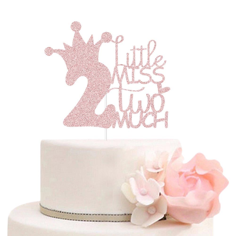 Little Miss Two Much Cake Topper, Child's 2nd Birthday Party Decorations, Two Sweet, Happy 2nd Birthday Party Decorations Supplies Pink Glitter