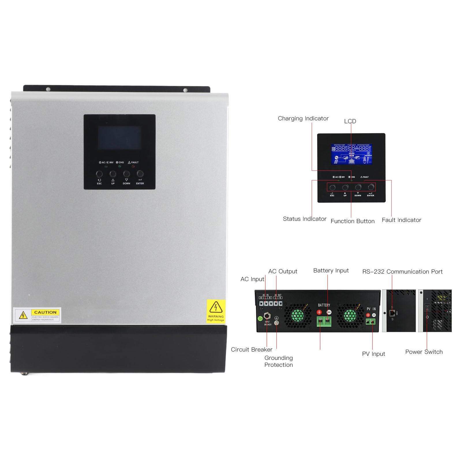 Cocoarm Cargador Inversor Solar Inversor Híbrido PWM 3KVA 2400W Onda Sinusoidal Pura 24VDC a 230VAC 50A Controlador para Usuarios de Energía de Respaldo Domésticos RV