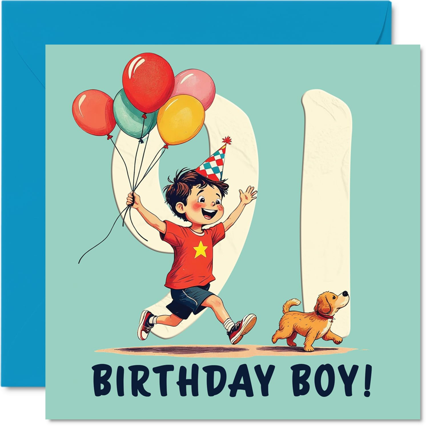 91st Birthday Cards for Men - Balloon Boy - Happy Birthday Card for 91 Year Old Man Great Grandad Dad Grandpa Grandad, 145mm Bday Greeting Cards