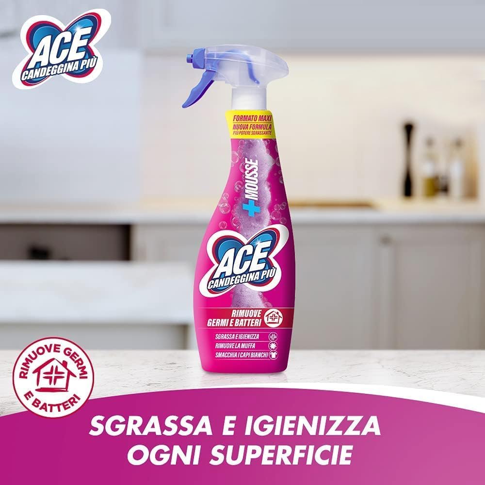 10x ACE Candeggina +Mousse, sgrassa le superfici della casa e le macchie più ostinate del bucato,Flacone Spray da 700ml + Portachiavi Beni Culinari in Omaggio