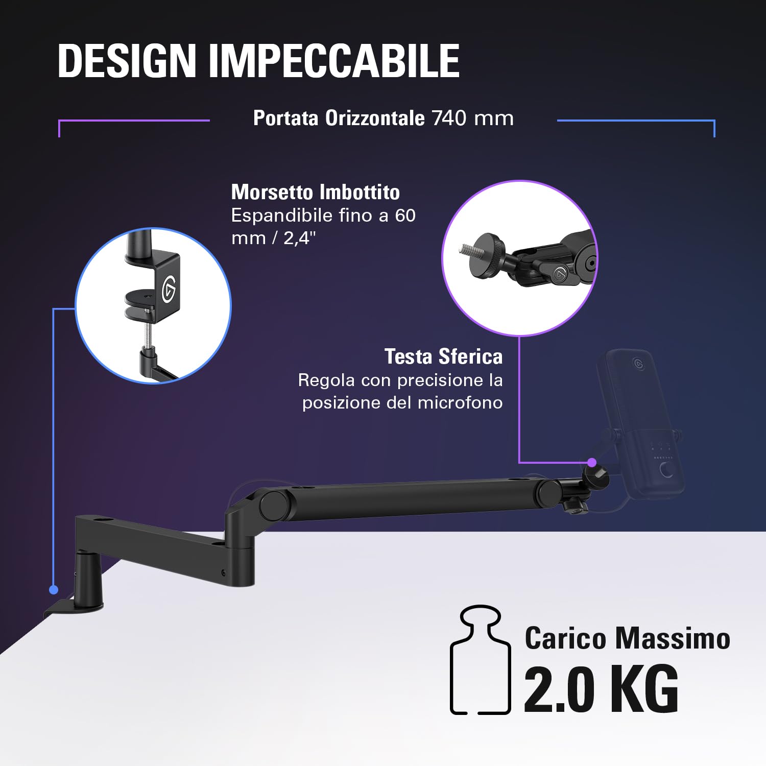 Elgato Wave Mic Arm (Low Profile) - Braccio snodabile a profilo basso, canaline per cavi a scomparsa, interamente in metallo, versatile morsetto da scrivania, studio, trasmissioni, streaming