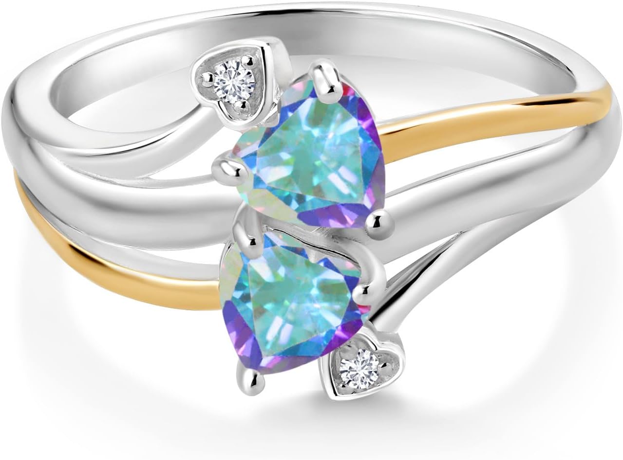 Gem Stone King 1.14 Cttw Mercury Mist Mystic Topaz 2 Heart Promise Couple Engagement Mother Lab Grown Diamond Ring | 925 Silver and 10K Yellow Gold | Available In Size 5, 6, 7, 8, 9