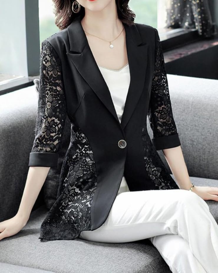 Women's Thin See Through Lace Hollow Stitching One Button Casual Suit Jacket2