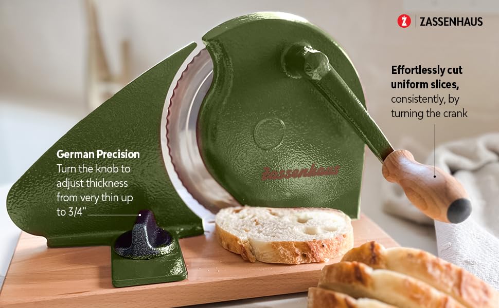 Image of Zassenhaus Original Classic Adjustable Bread Slicer for Uniform Slices - Bread Slicer for Homemade Bread - 18 /8 Stainless Steel Blade Sourdough Cutter -Cyprus Green, 11.75 inch x 8 inch