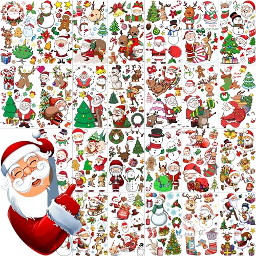 COKTAK 26 Blatt 200+ Stück Santa Claus Weihnachten Tattoos Kinder Gesichtstattoos, Schneemann Elch Hirsch Temporäre Tattoos Weihnachten Party Zubehör, Weinachtsdekorationen Fake Tattoos Jungen Mädchen