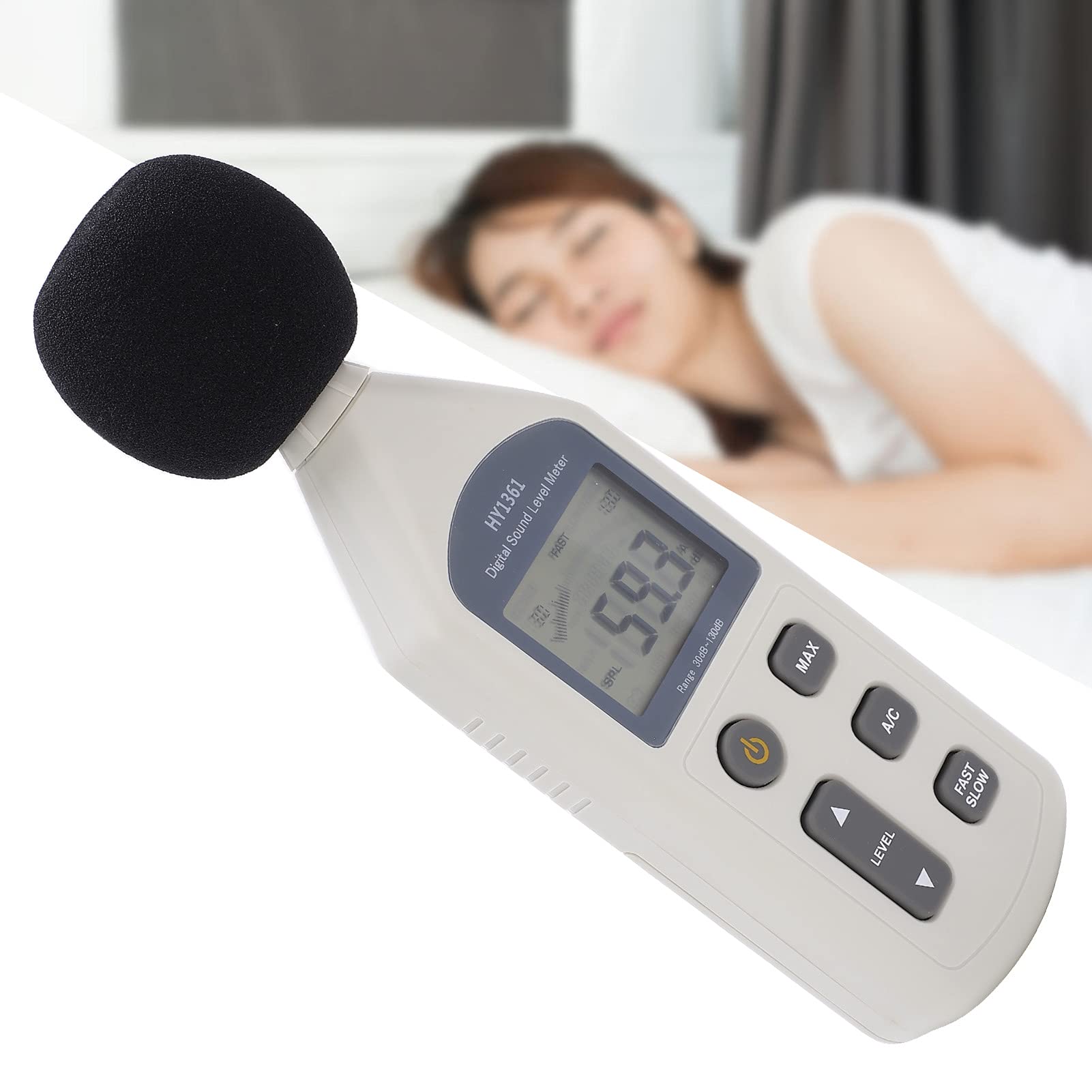 Oumefar Fonometro Decibel Meter Registratore di Rumore HY-1361 Tester Digitale del Livello Sonoro Display LCD 30-130dBA 35-130dBC Uscita AC DC per Fabbriche Scuole Ospedali