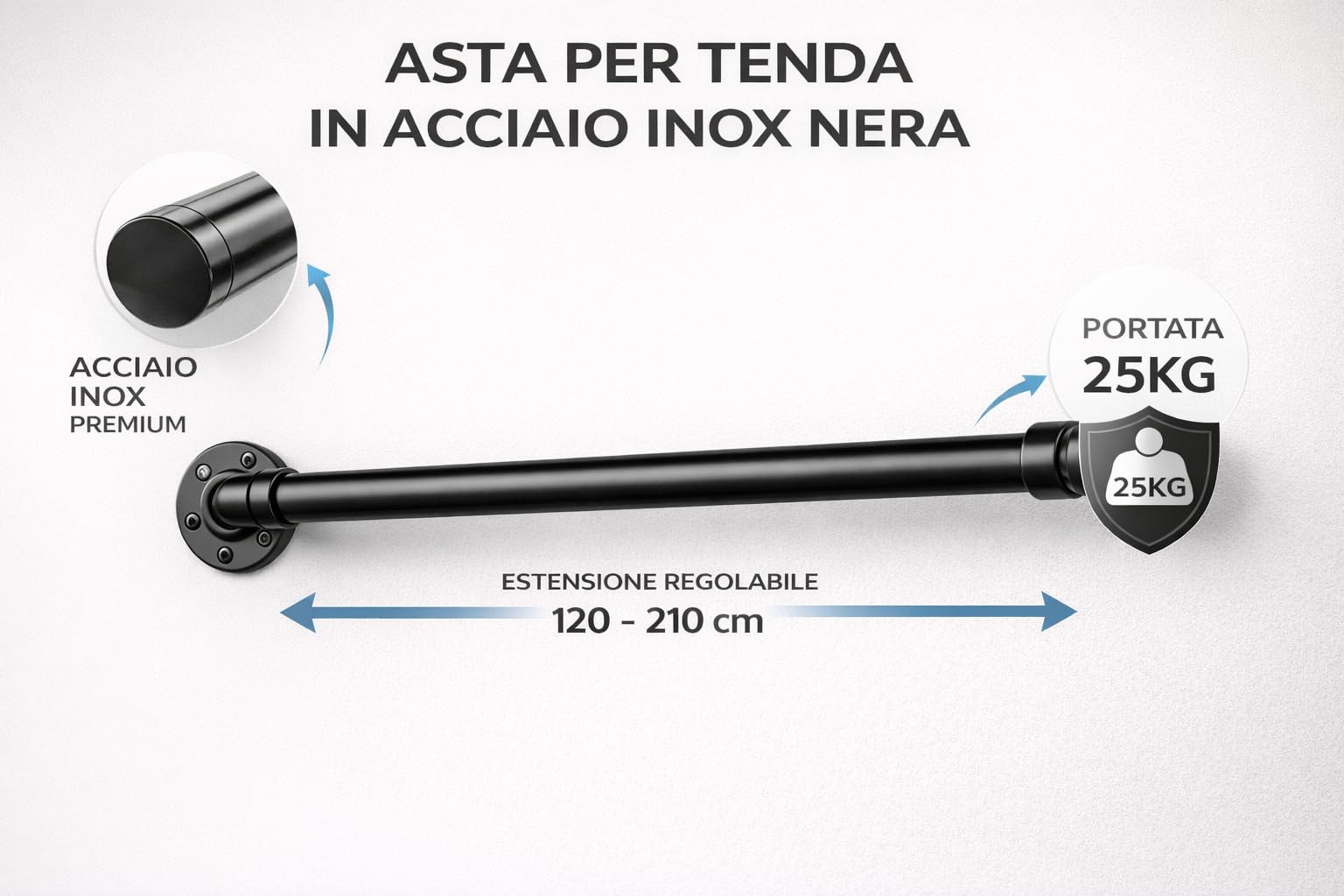 Bastone per Tende Estensibile 120–210 cm in Acciaio Inox Nero Opaco, Asta Regolabile per Tende da Interno, Supporto per Finestra e Porta, Montaggio Semplice per Casa e Appartamento.