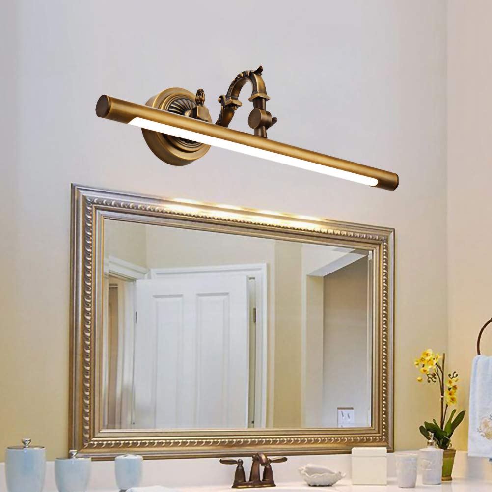 ACMHNC LED Spiegelleuchte Vintage,Schminklicht Spiegellampe Badezimmer Antik Messing Wasserdichte Badlampe Spiegel Wandleuchte 4000k Winkel Einstellbar Schrankleuchte,Ø58CM/12W