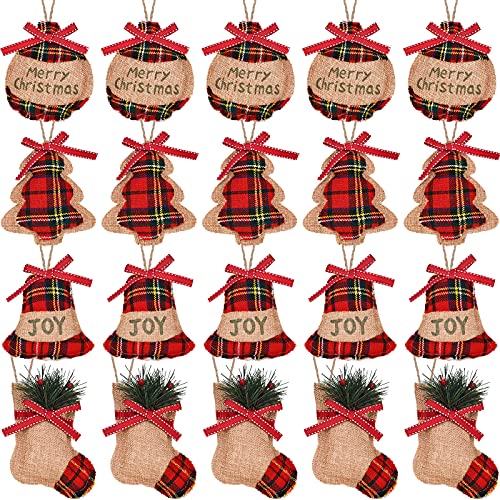 20 Pieces Rustic Christmas Burlap Tree Ornaments Farmhouse Christmas Decorations Red Black Buffalo Plaid Christmas Stocking Tree Ball Shaped Hanging Decoration for Holiday Xmas Party