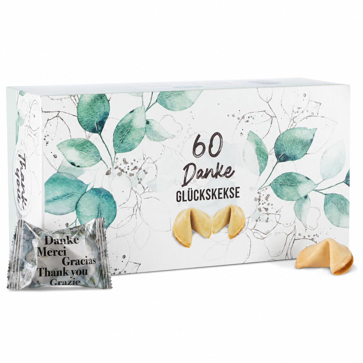 FOOD crew 60 Glückskekse Danke - Dankeschön Geschenke klein Einzeln verpackt in Box - ein kleines Dankeschön Geschenk Hochzeit - Danke Geschenk - Adventskalender Füllung - Made in Germany