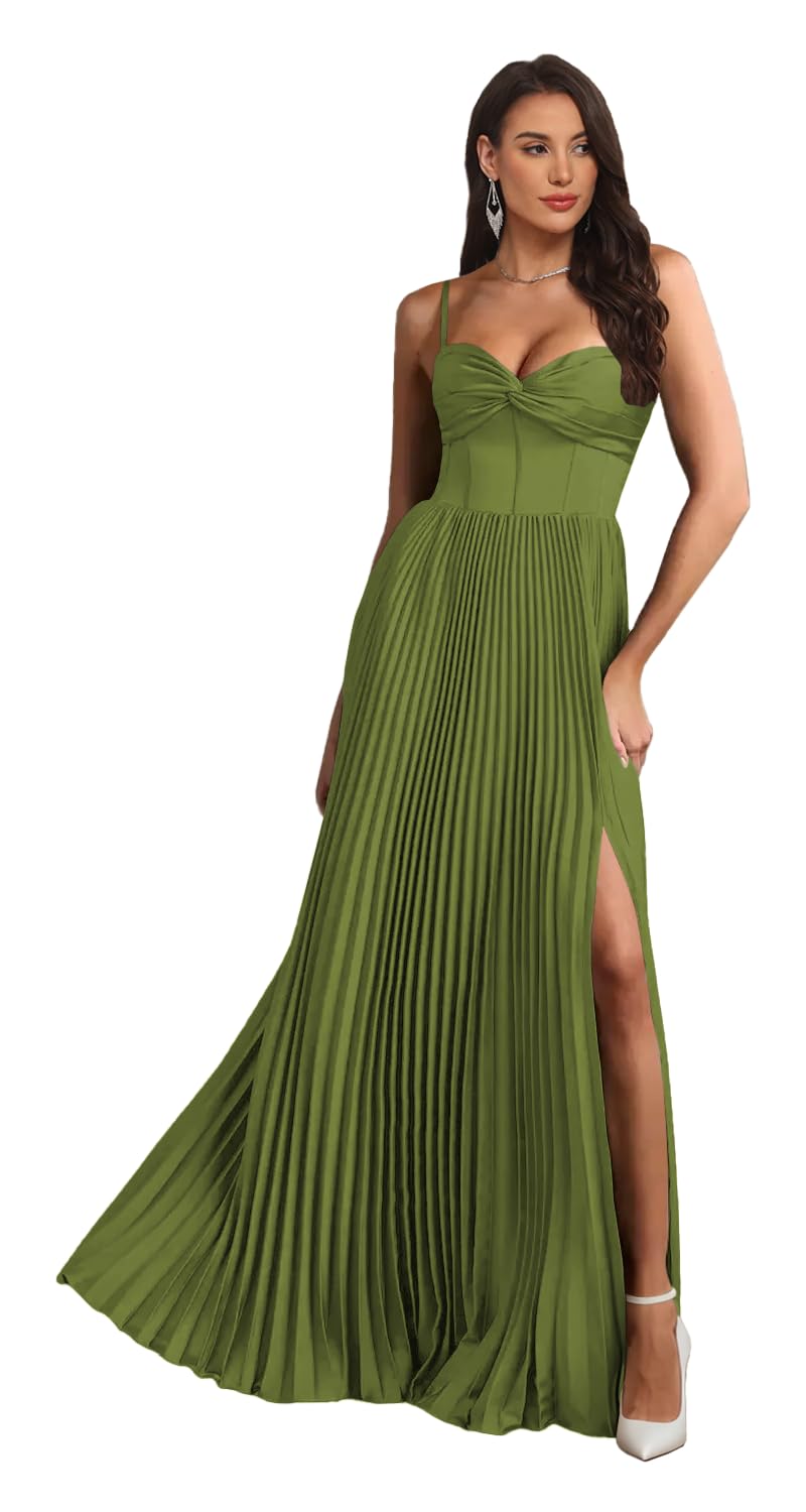 Satin Pleated Bridesmaid Dresses Long for Women Spaghetti Straps Corset A Line Formal Prom Gowns with Slit ZMX32