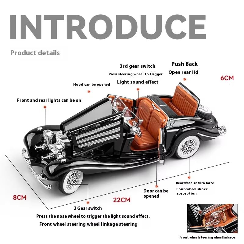 Image of Alokik Enterprise Compatible for 1:24 Mercedees Benz 500K Toy Car Model, Diecast Collectible Pull Back Model Car with Sound and Light, Toy Gift Vehicles for Adults Kids Boys Girls 【Pink Color】