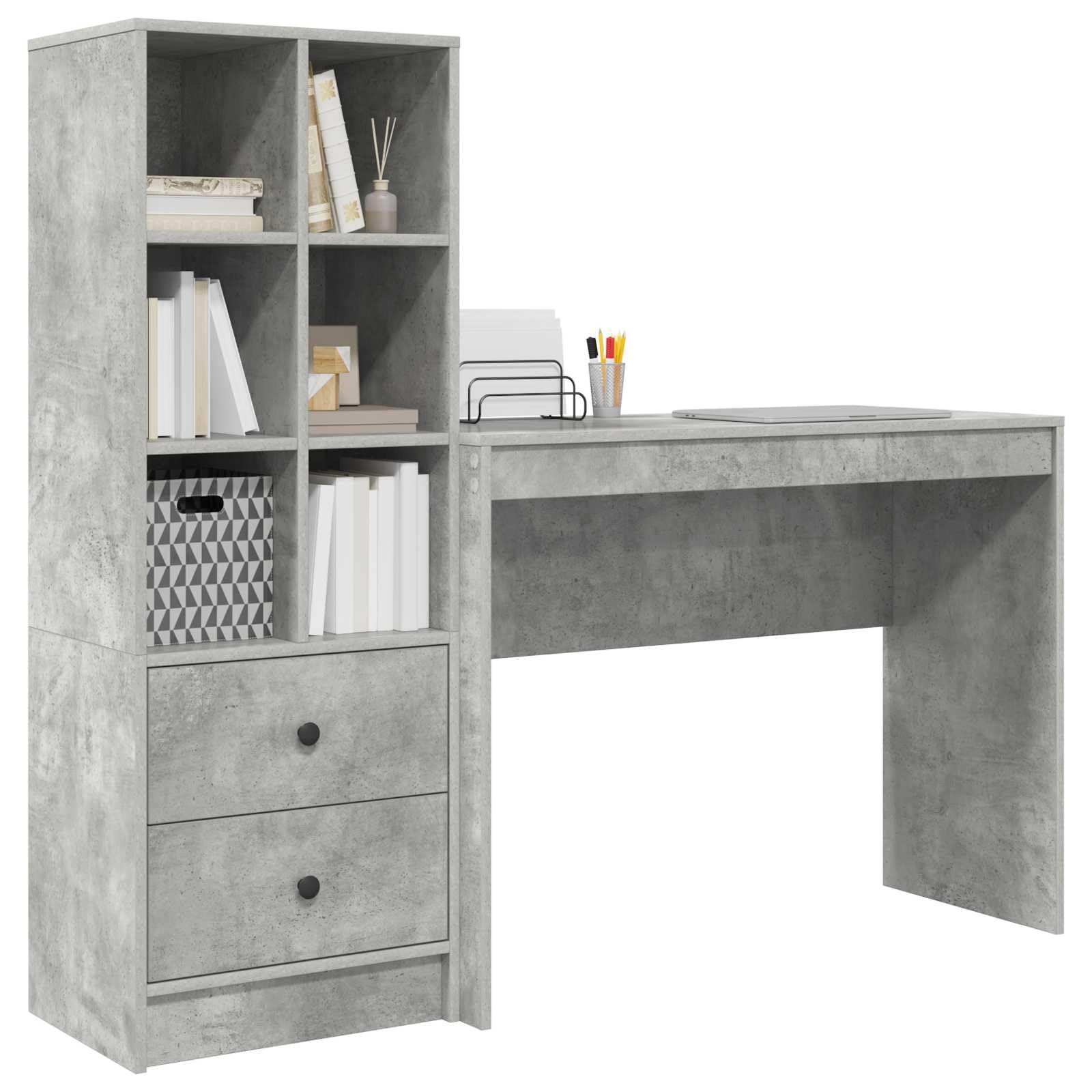 Schreibtisch mit Schubladen und Regal Beton Grau Holzwerkstoff 145,5 x 40 x 127 cm Büro Homeoffice Arbeitszimmer Stauraum Ablage ergonomisch für PC Laptop und Gaming