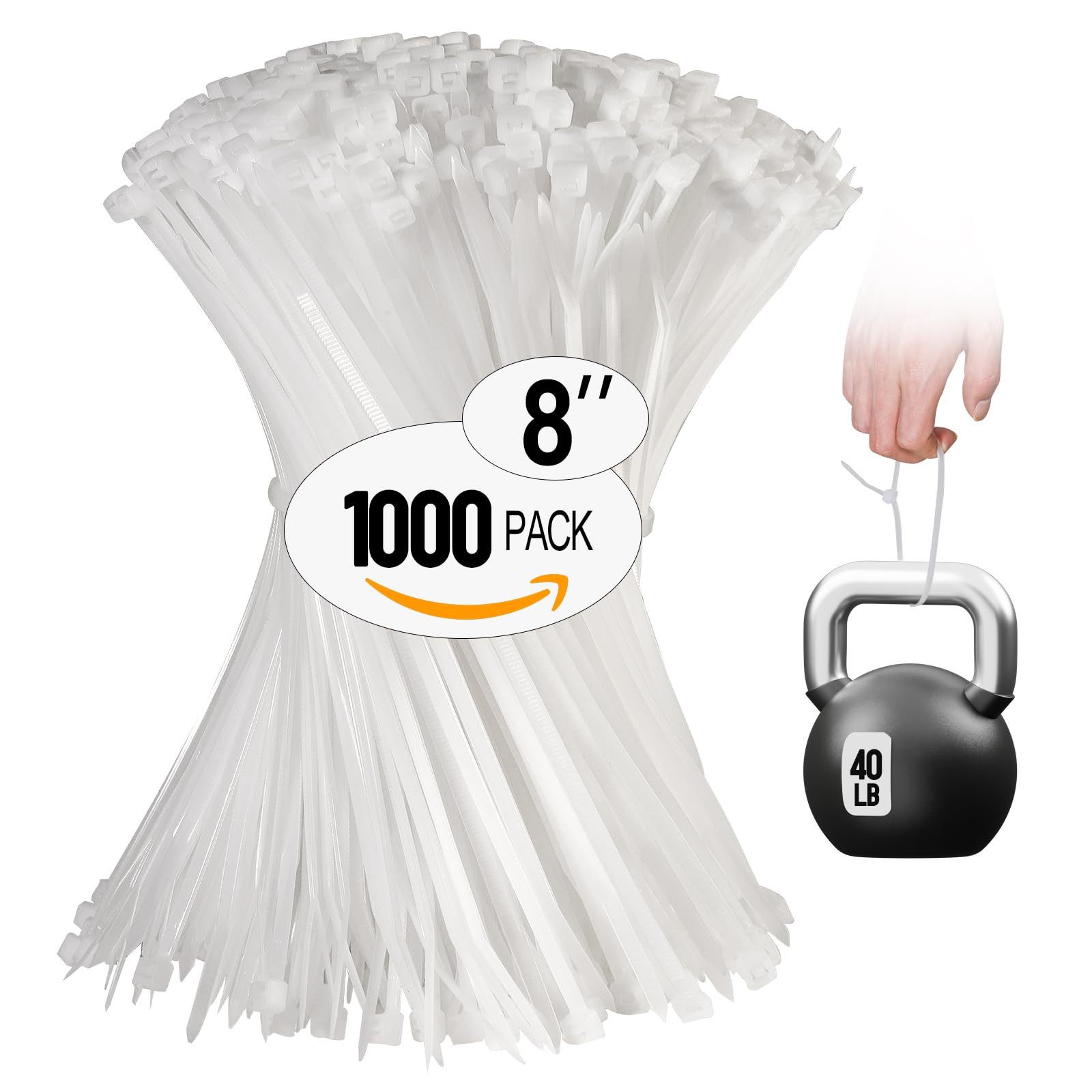 Bridas blancas de 8 pulgadas, paquete de 1000 bridas transparentes de resistencia a la tracción, 40 libras, resistentes a los rayos UV, bridas industriales autobloqueantes, bridas de alambre