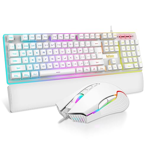 RedThunder K10 Wired Gaming Keyboard and Mouse and Wrist Rest Combo, RGB Backlit, Mechanical Feel Anti-ghosting Keyboard + 7D 7200 DPI Mice+Soft Leather Wrist Rest 3 in 1 PC Gamer Accessories(White) - White