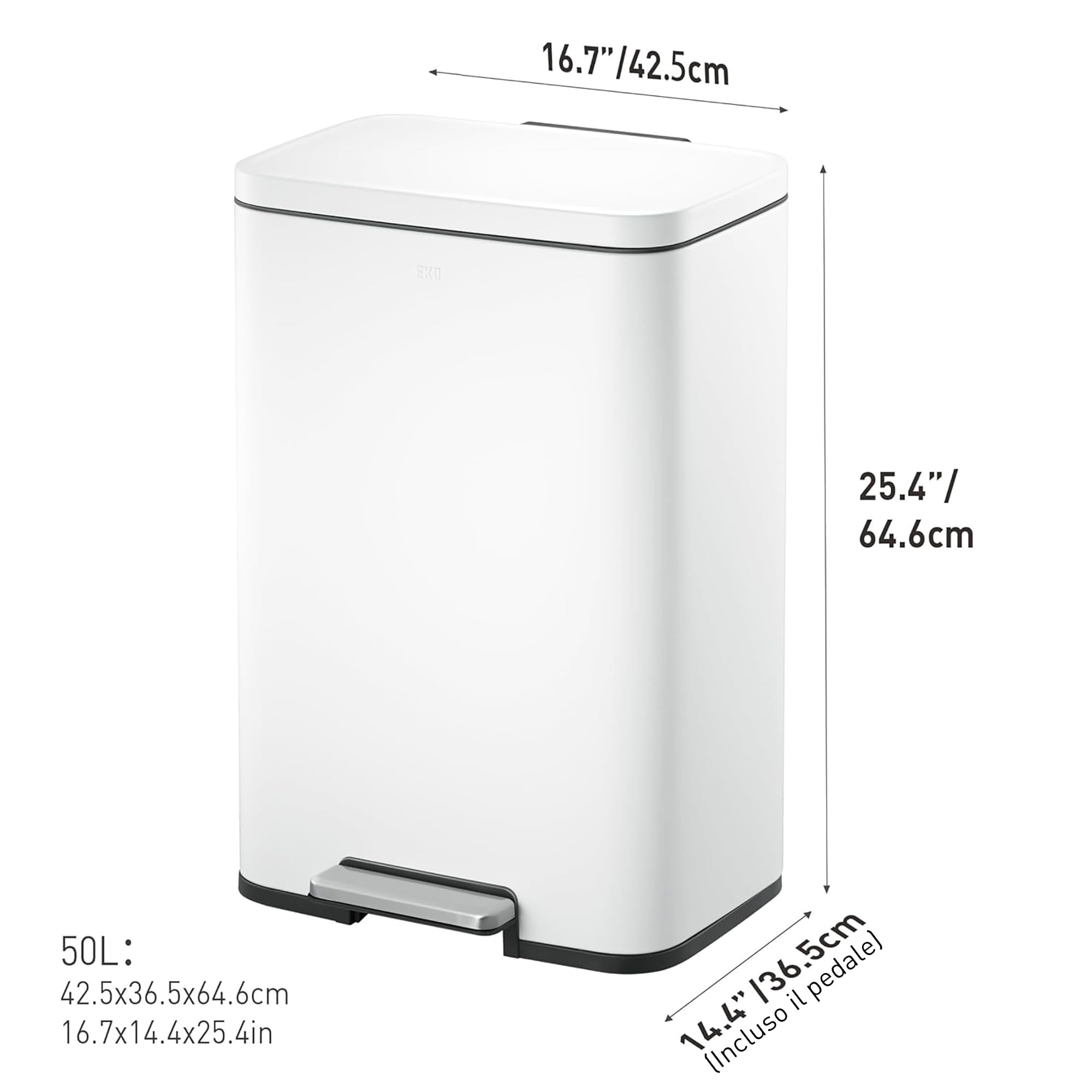 EKO Madison - Pattumiera da Cucina, 50 l, con Pedale e Coperchio a Chiusura Morbida, Colore: Bianco Opaco, in Acciaio Inox Anti-Impronta, Cestino Moderno e Robusto, Grande capacità per Il Riciclaggio