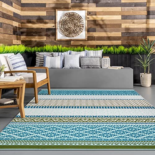 Collive Indoor Outdoor Area Rug 5'x7', Tribe Large Machine Washable Area Rug, Non-Shedding Reversible Carpet for Living Room, Bedroom, Patio Clearance, Deck, Front Porch - Teal