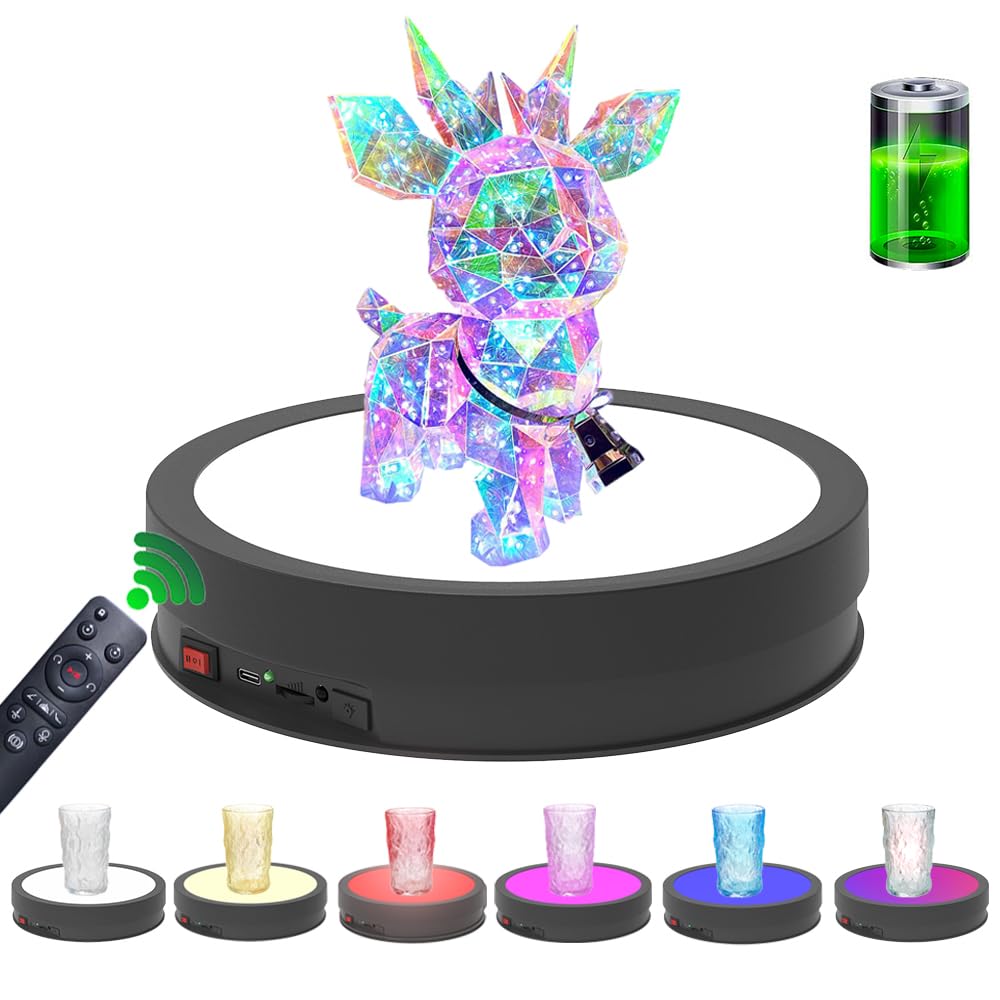 Photo 1 of JAYEGT Variety Colors LED Light Base Non-Slip Rotating Display Stand , 66Lbs Load,360 Photography Turntable for Products Shows, Glass Crystal Artwork, Jewelry,Remote control (12.6inch / 6Color LED Light / Black/Rechargeable)