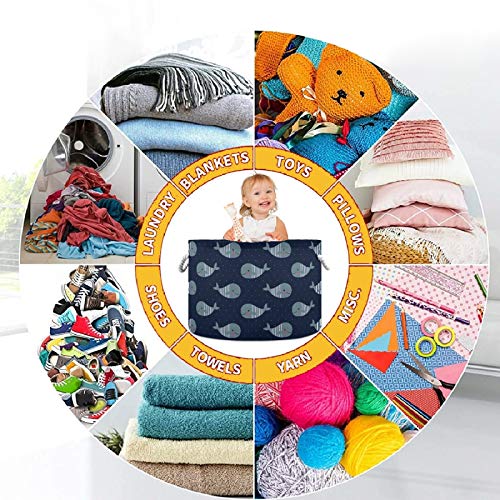Image of visesunny Storage Basket Whale Cartoon Nursery Hamper Canvas Fabric Toy Storage Organizer Bin Storage Box Laundry Basket for Kid Rooms,Playroom,Shelves,Toy Basket