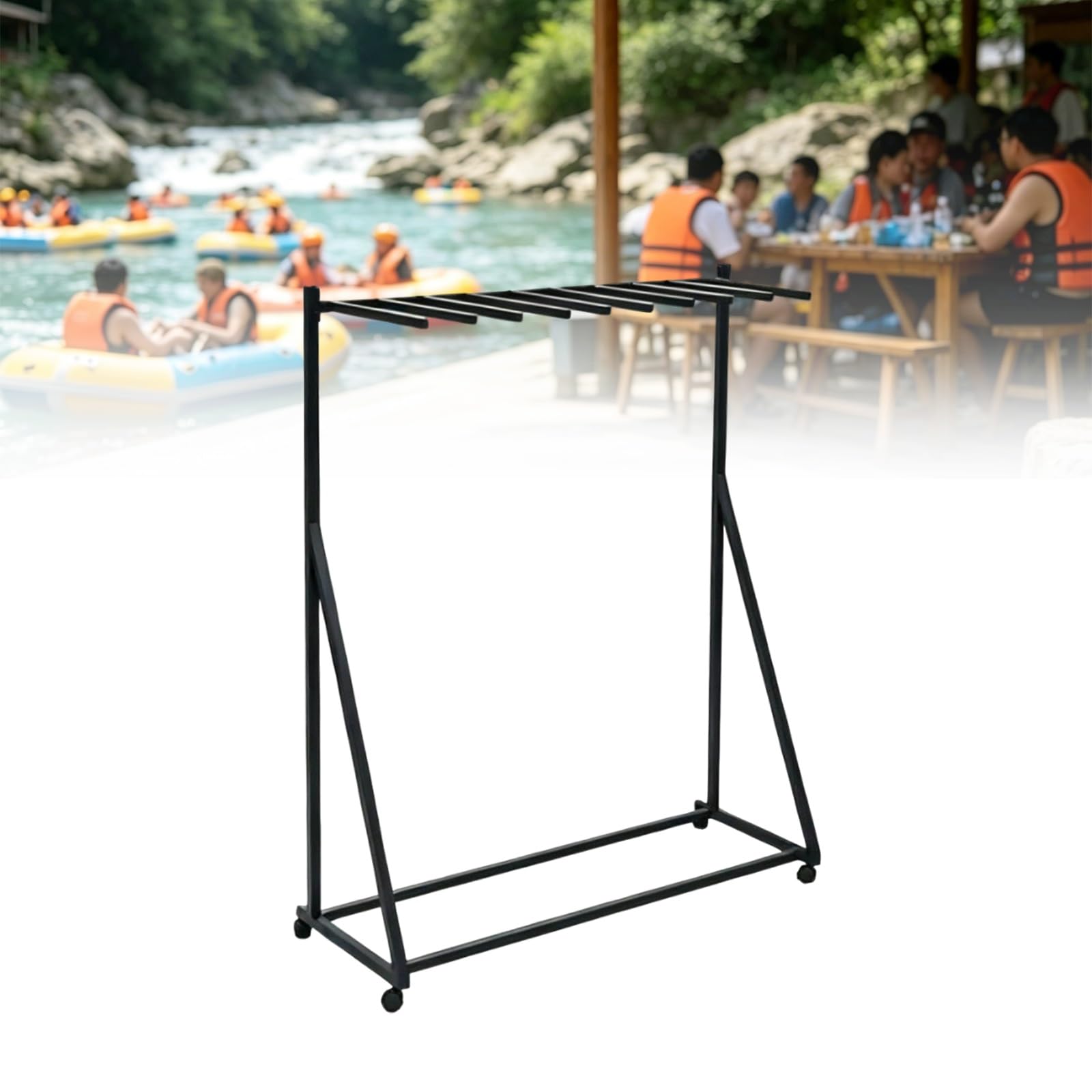 Heavy-Duty Life Vest Holder, Pool Towel Hanger Outdoor with Swivel Wheels, Freestanding Dock Organizer Drying Rack With Metal Frame for Water Parks Rafting Pools(Black,145cm)