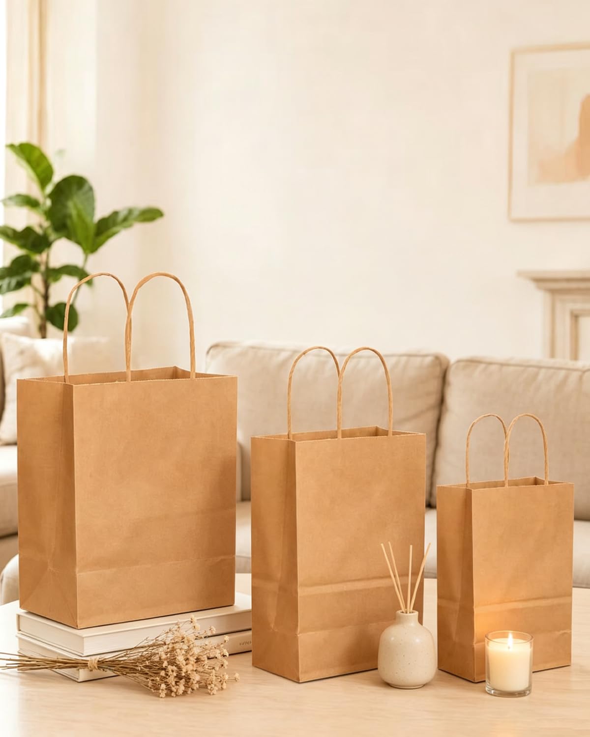 Gcardist Braune Papiertüten mit Henkeln, Großpackung mit 100 Stück in verschiedenen Größen (groß – 33 Stück, mittel – 33 Stück, klein – 34 Stück)