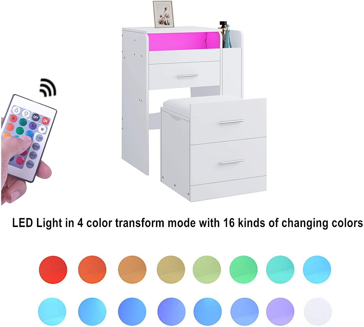 Schminktisch-Set mit LED-Lichtern, 90° Klappspiegel, 3 Schubladen & gepolstertem Hocker, Weiß, moderner Make-up-Schreibtisch für Mädchenzimmer