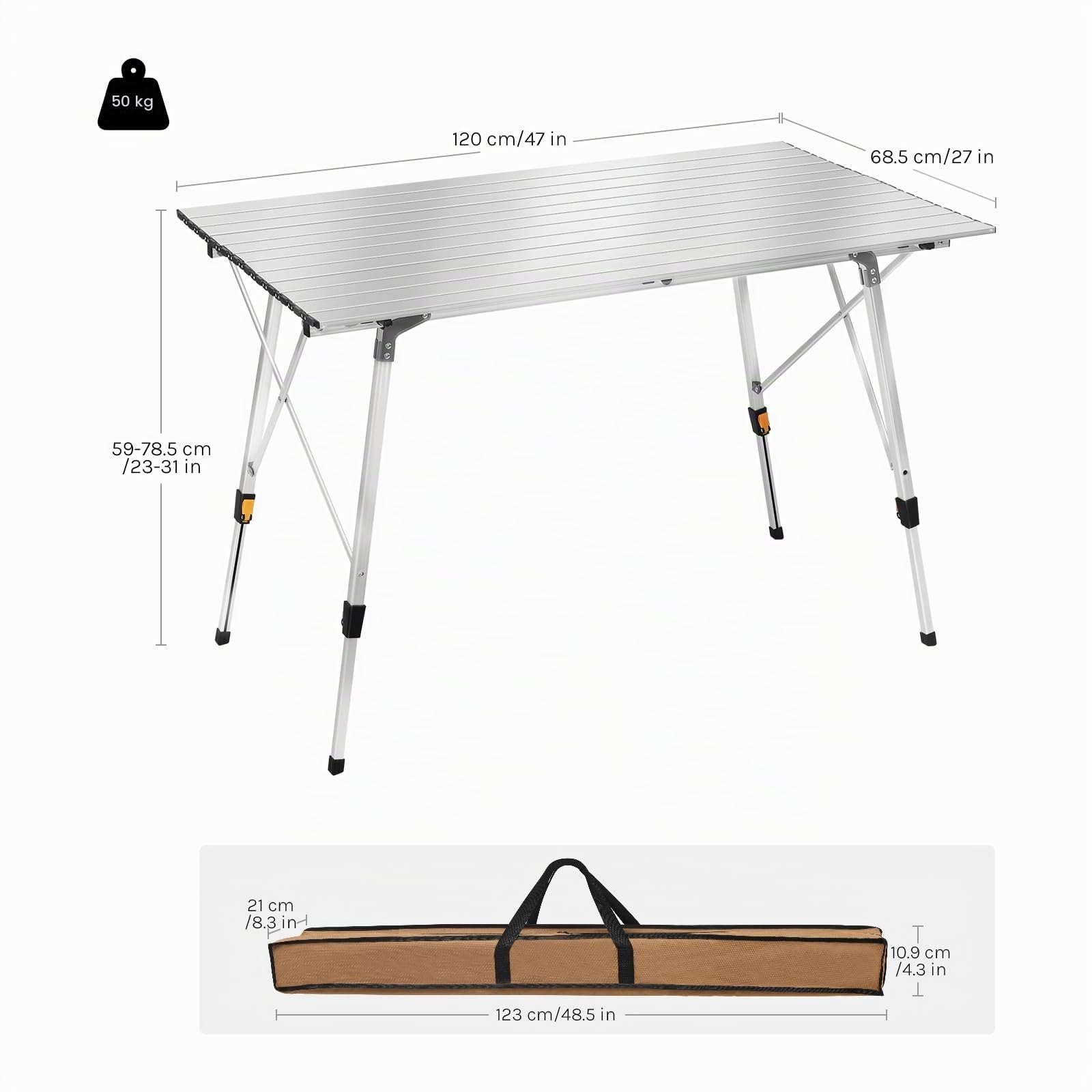 WOLTU Tavolo da Campeggio Pieghevole in Alluminio Altezza Regolabile 120x68,5x59/78,5 cm