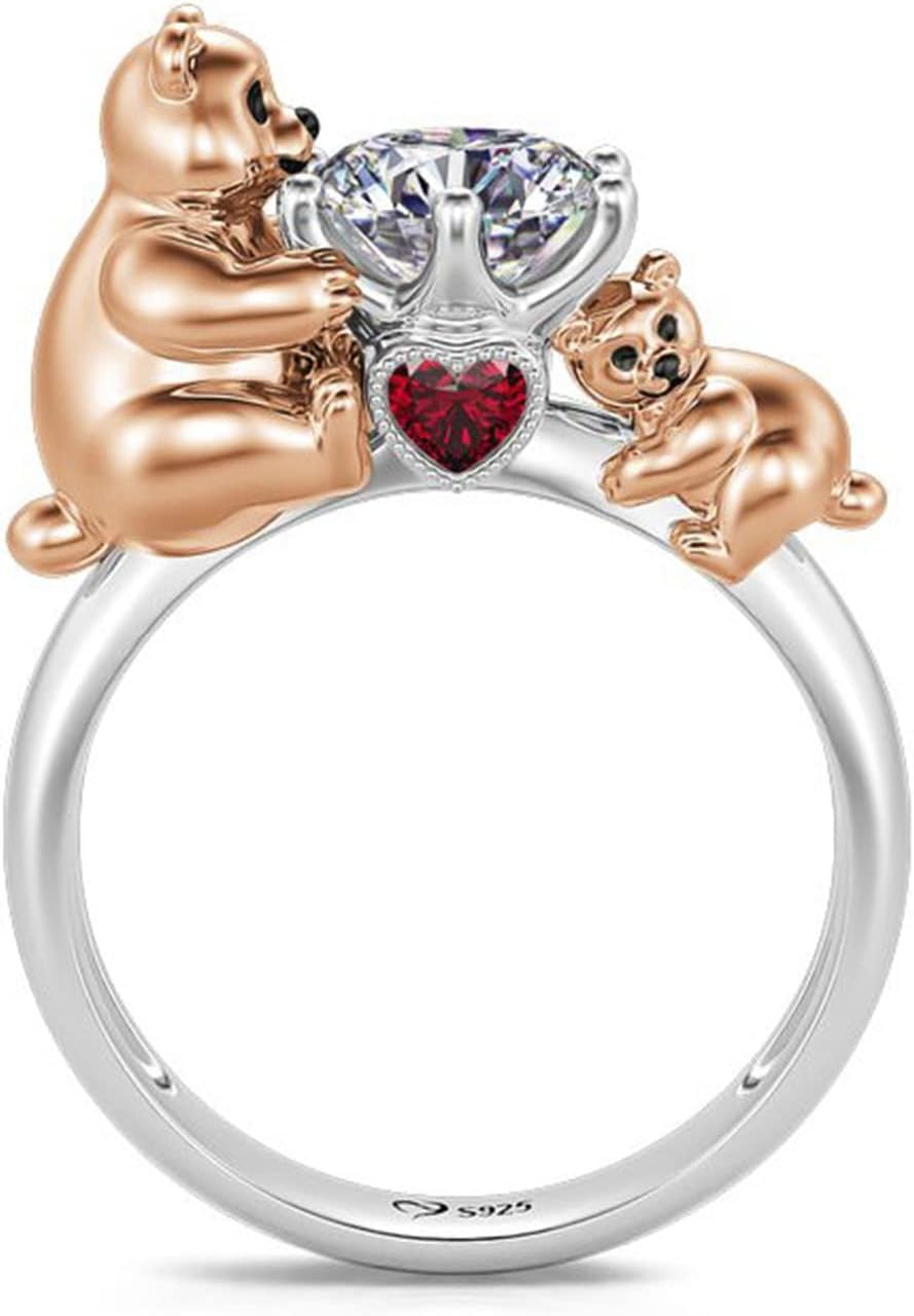 Jeulia Hug Me Animal Round Cut Sterling Silver Ring for Women Mother Band ring for Wife Daughter Mom Engagement Wedding Anniversary Christmas Mother's Day with Jewelry Box