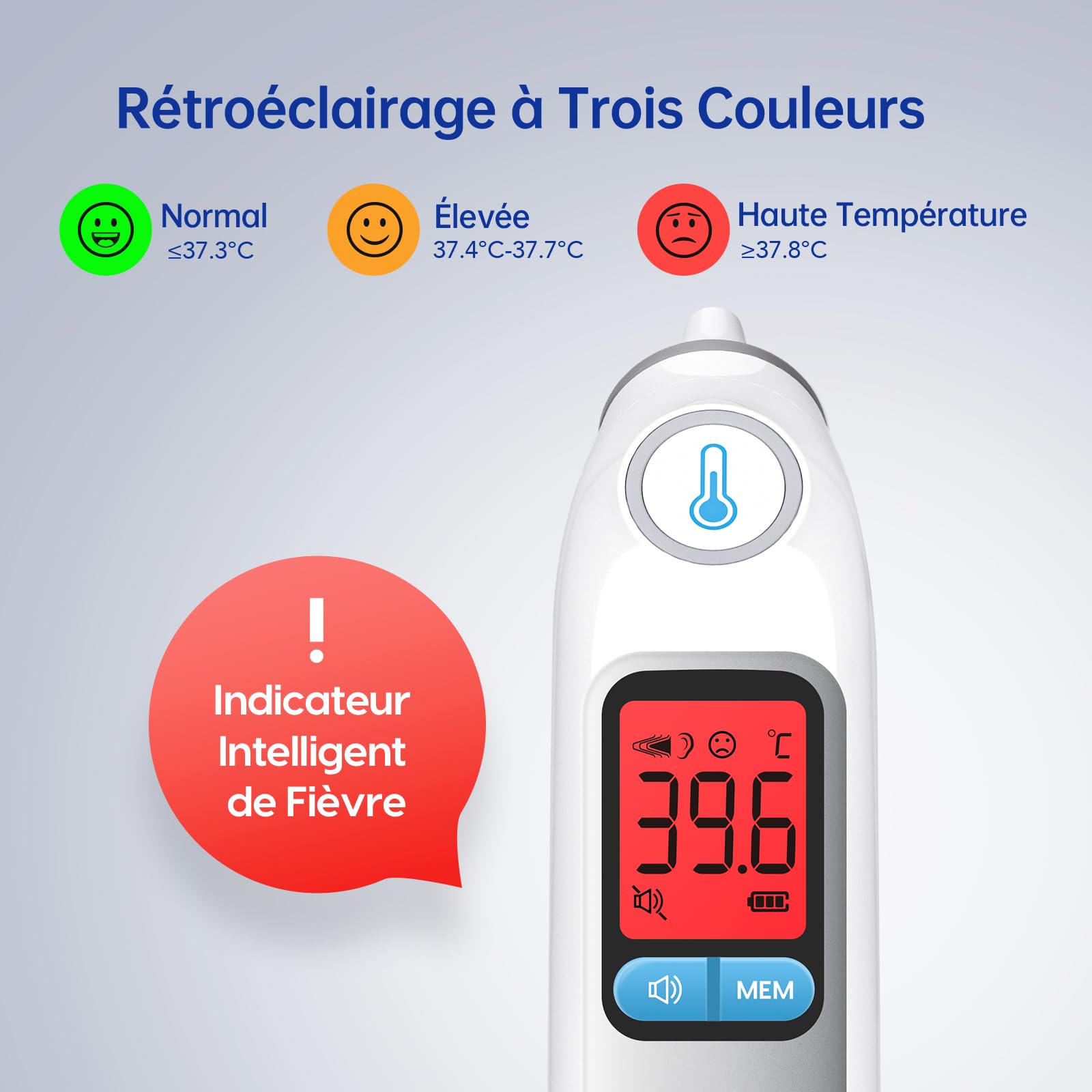 Thermomètre Auriculaire, Précision Professionnelle, Code d'alerte Fièvre à 3 couleurs, Mode Silencieux, Stockage des Lectures, avec 24 Couvre-Sondes Jetables Thermomètre pour Adultes et Bébés
