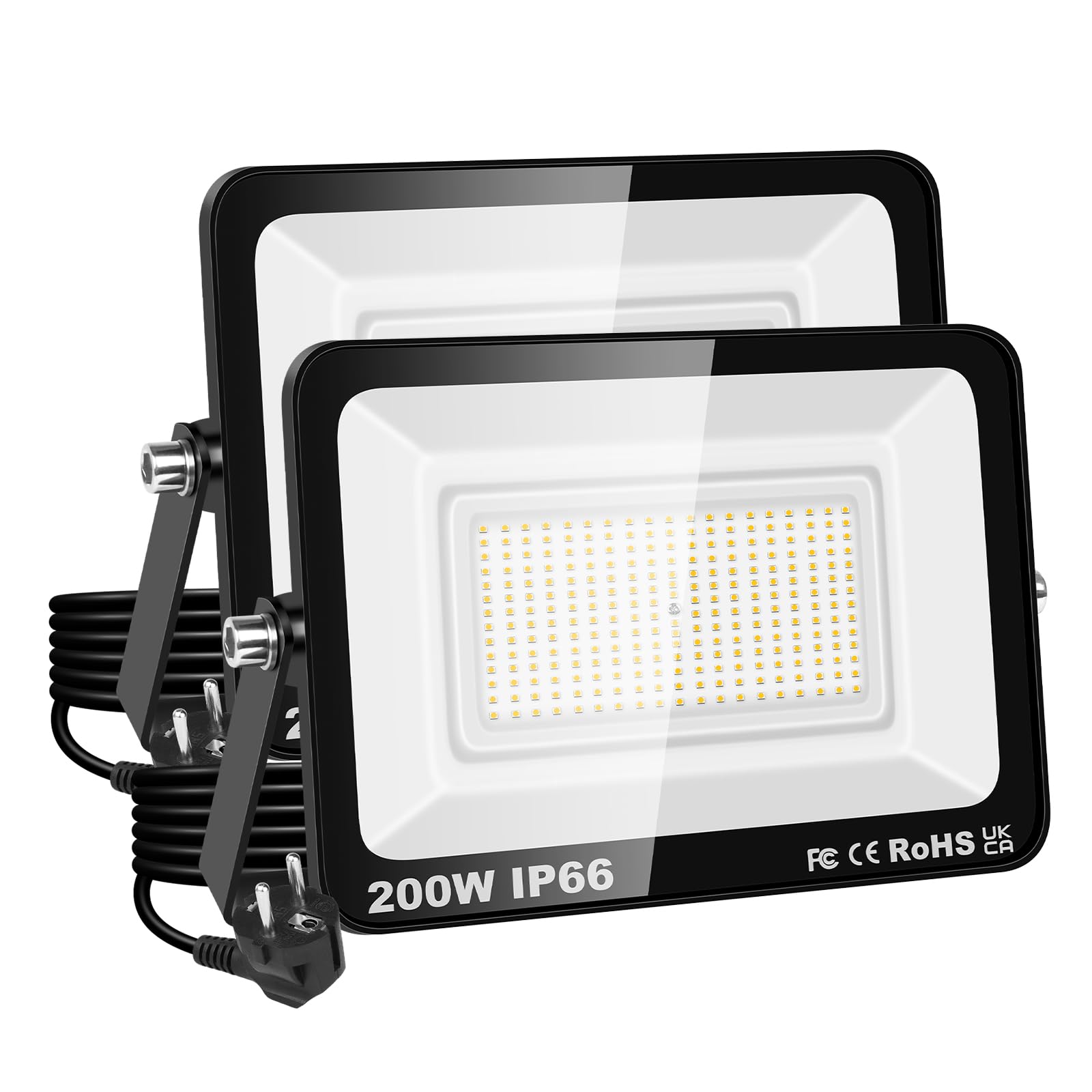 PICAA Reflektor LED 2000 W, wodoszczelność IP66, 20000 lm, lampa zewnętrzna 3000 K, ciepła biel 3000 K, do ogrodu, podwórka, garażu, tarasu, magazynu, z wtyczką UE (2 sztuki)