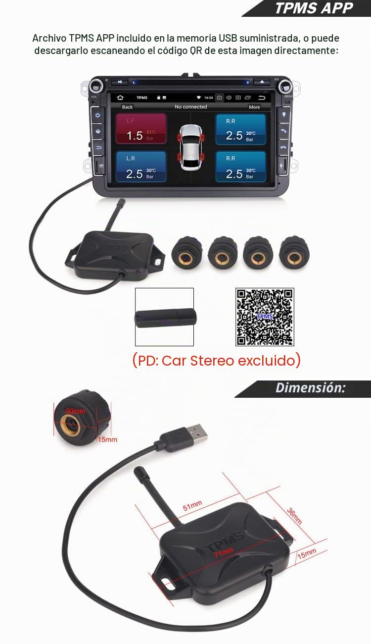 USB TPMS Módulo Presión de los neumáticos 4 Sensores para Android 9.0/10.0/11.0 o Superior Radio de Coche