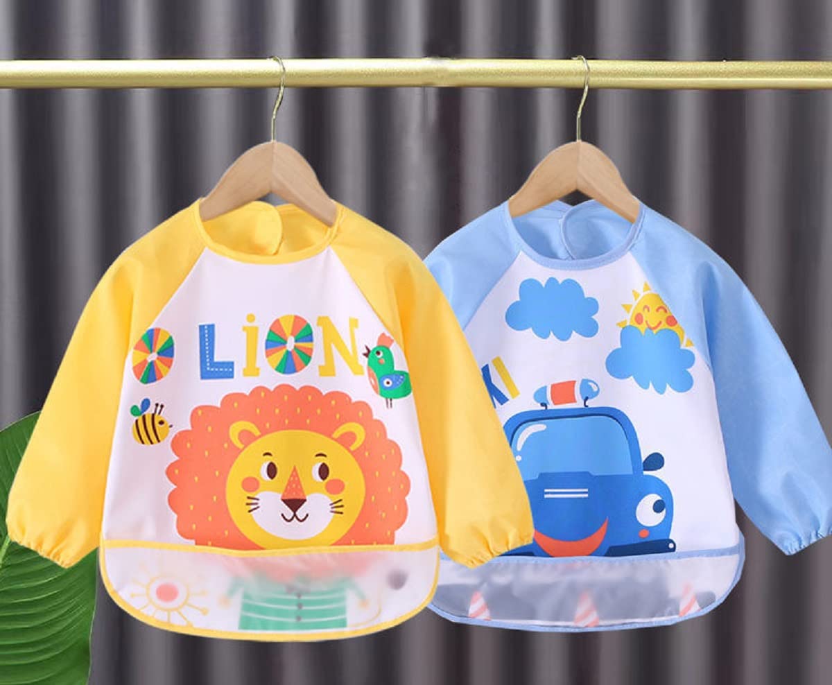 JYB 2 Packs Long Sleeved Bib with Crumb Catcher Pocket for Babies and Toddlers Wipeable Stain Soft Adjustable Snaps Feeding Bibs