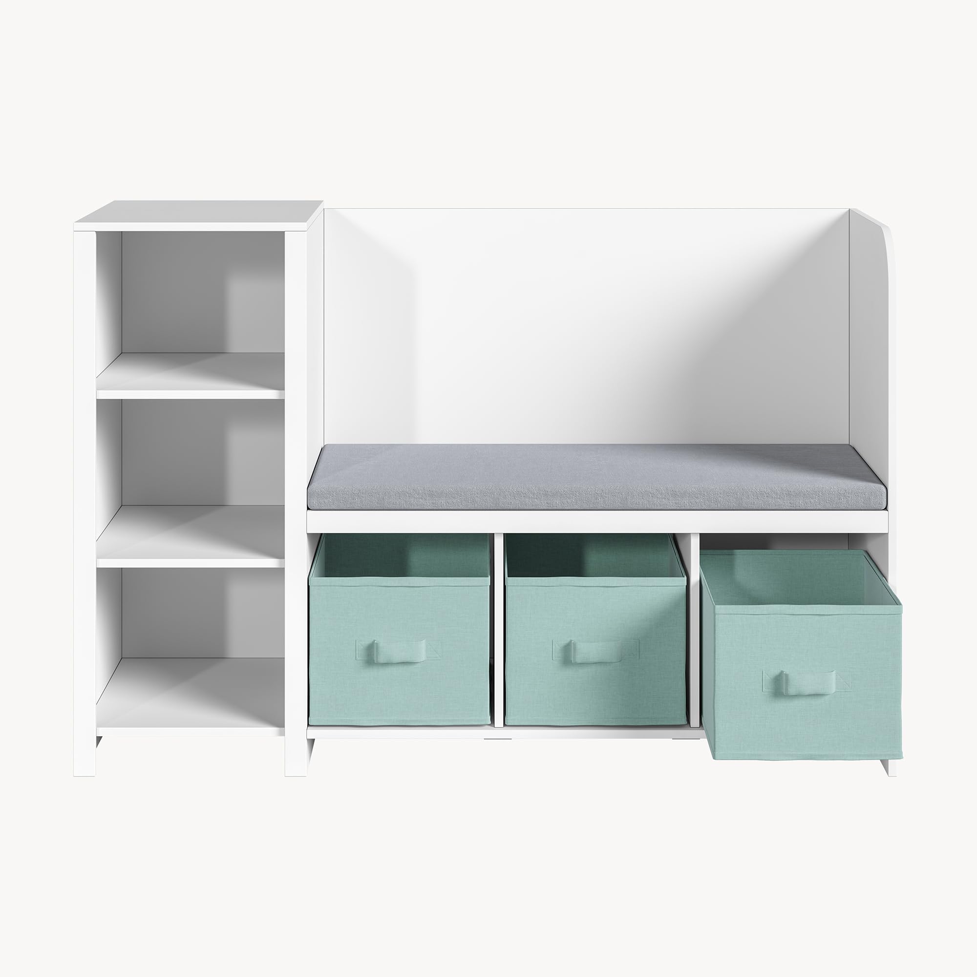 [en.casa] Étagère pour Enfants avec Banc d'Assise Coussin Confortable Bibliothèque Meuble à Chaussures Panneau de Particules Polyester Polyuréthane 76 x 112 x 40 cm Blanc Vert Menthe