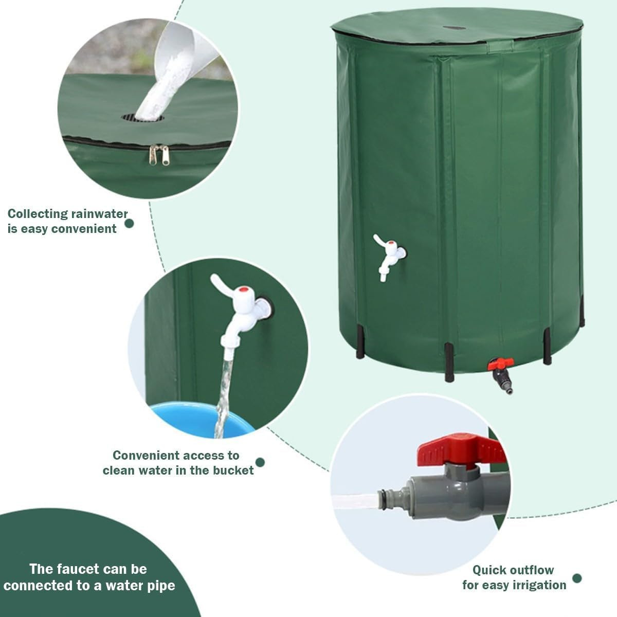 Sistema de almacenamiento de agua de barril de lluvia plegable, colector de agua de lluvia portátil con soporte, grifo, malla superior y cubierta de cremallera para un riego eficiente del jardín