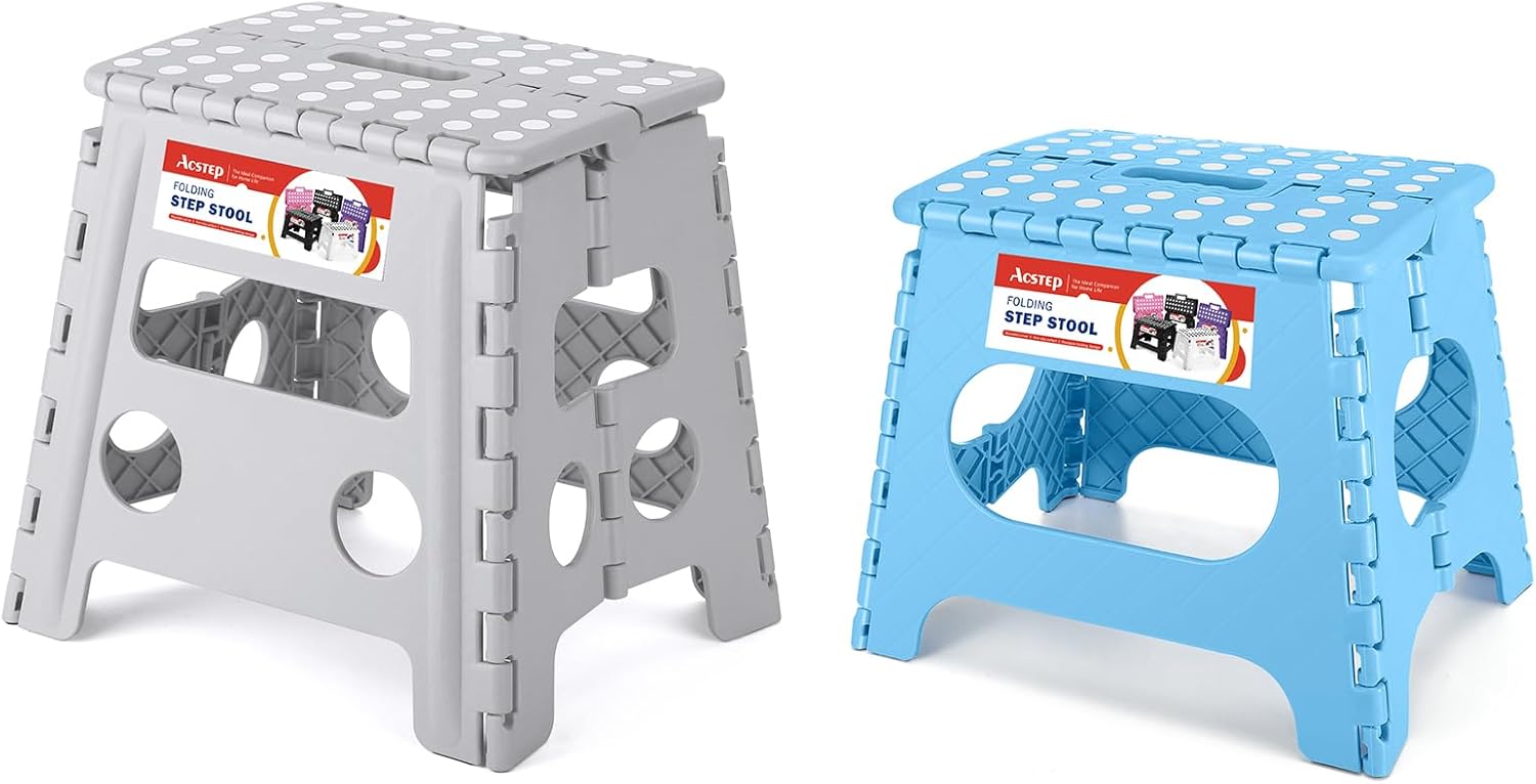 ACSTEP 11 Inch and 13 Inch Folding Step Stool for Adults and Kids Holds Up to 300 lb Plastic Foldable Step Stools for Kitchen, Home, Outdoor and Indoor(Grey&Blue)