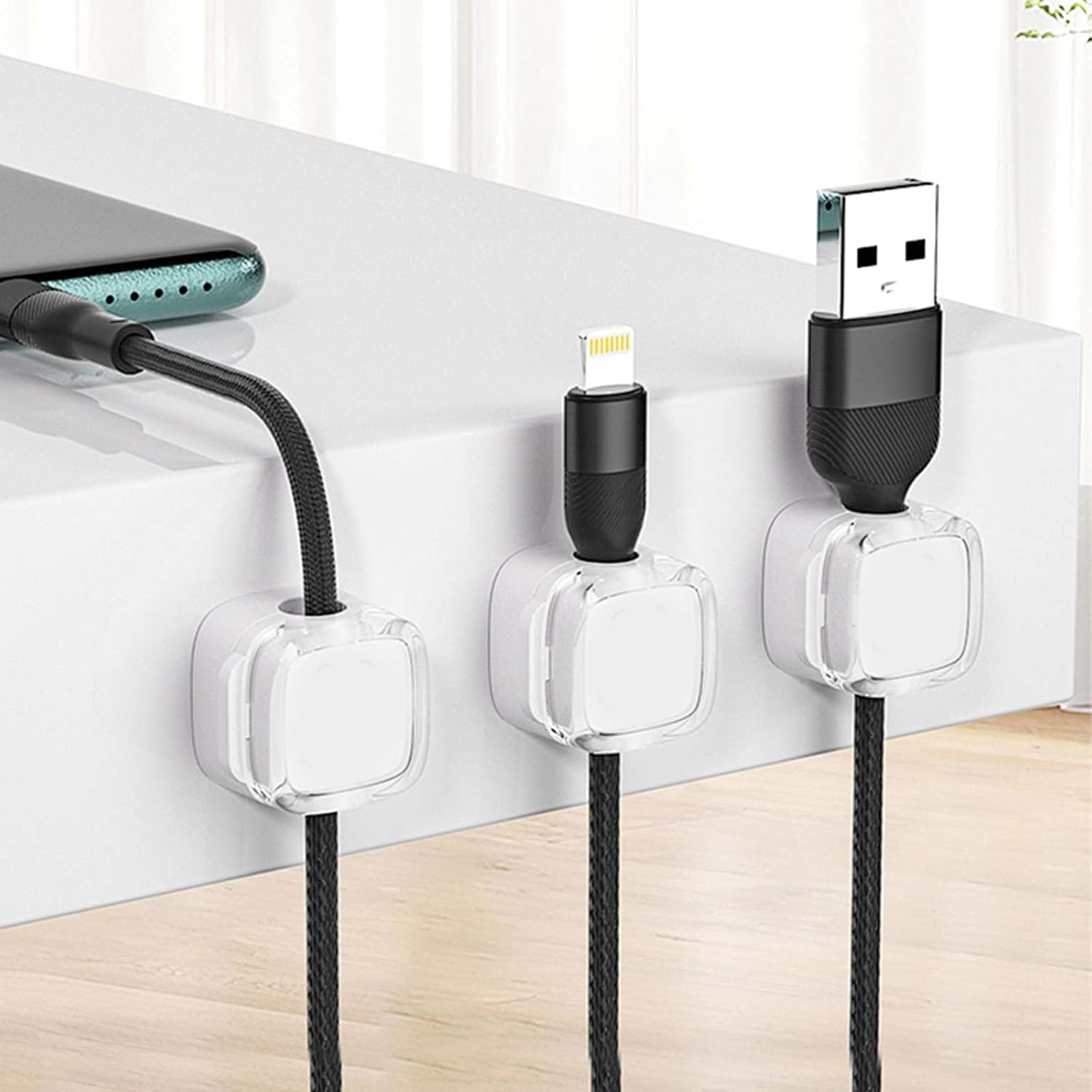 6 Pack Magnetic Cable Clips, Adjustable Cord Organizer Cord Holder Under Desk Cable Management for Home Office Car Wall Desk Phone Desktop Nightstand, White