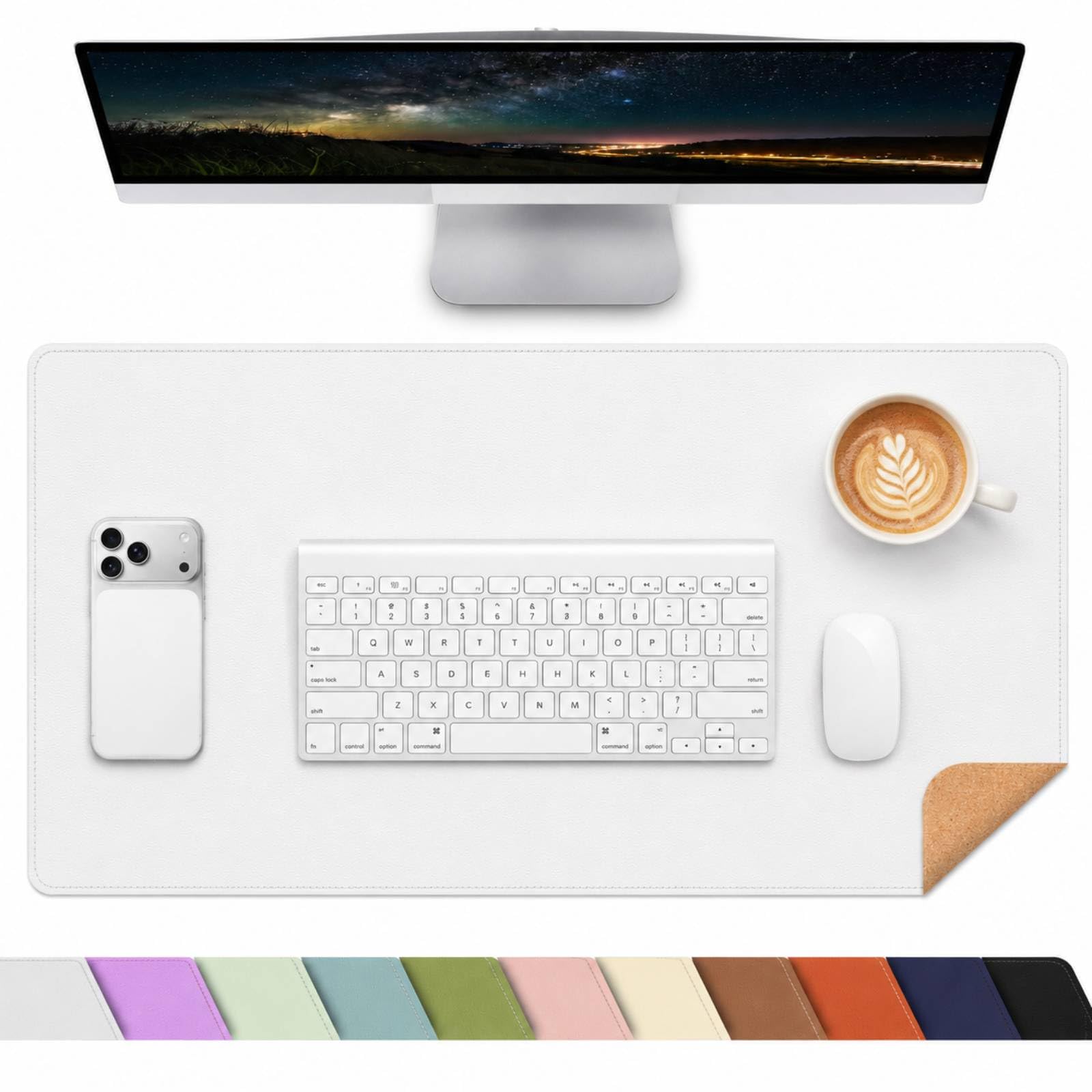 Leather Desk Mat, Large Mouse Mat,PU Leather & Cork Desk Pad, Waterproof Leather Table Protector Writing Pad for Office and Home(90x 43cm,White)