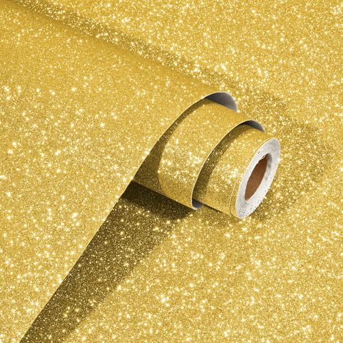 WESTICK Thick Gold Glitter Wallpaper Self Adhesive Sparkle Glitter Contact Paper for Walls Removable Stick and Peel Glittery Paper for DIY Project Salon Bedroom Cabinets Shelf Drawer Liner 11.8 x 80