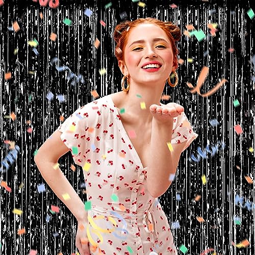 Image of 3 Pack Black Foil Fringe Curtain Backdrop, 3.28Ft x 9.8Ft Metallic Tinsel Foil Fringe Streamer Curtains for Photo Booth, Christmas Day, Thanksgiving, Wedding, New Year Party Decorations