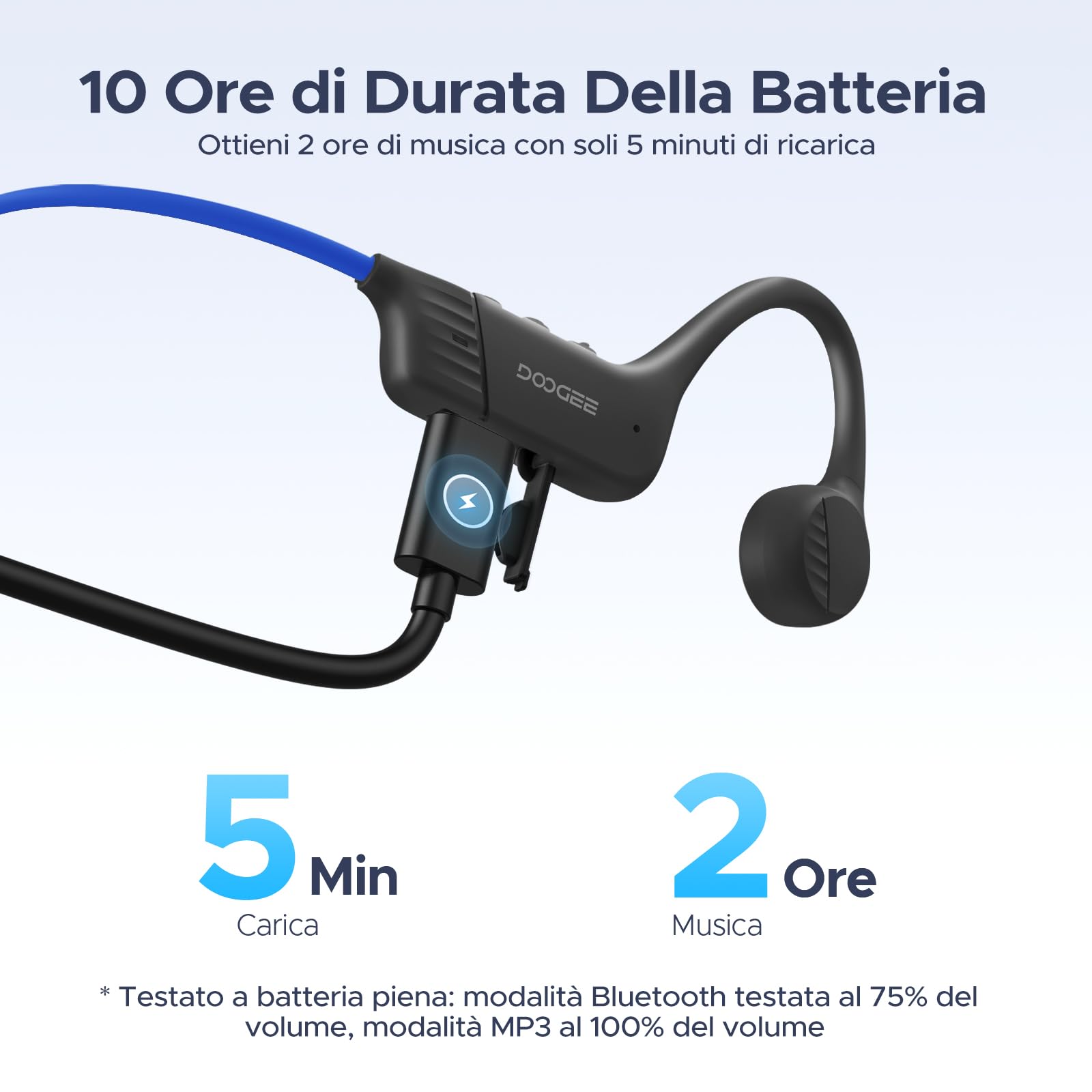 Bone Beat Run Cuffie Conduzione Ossea, Auricolari Sport Bluetooth Impermeabili IP66 Senza Tappi, 10h Autonomia Ricarica Rapida Doppia EQ Orecchie Aperte per Corsa Ciclismo Palestra - Blu