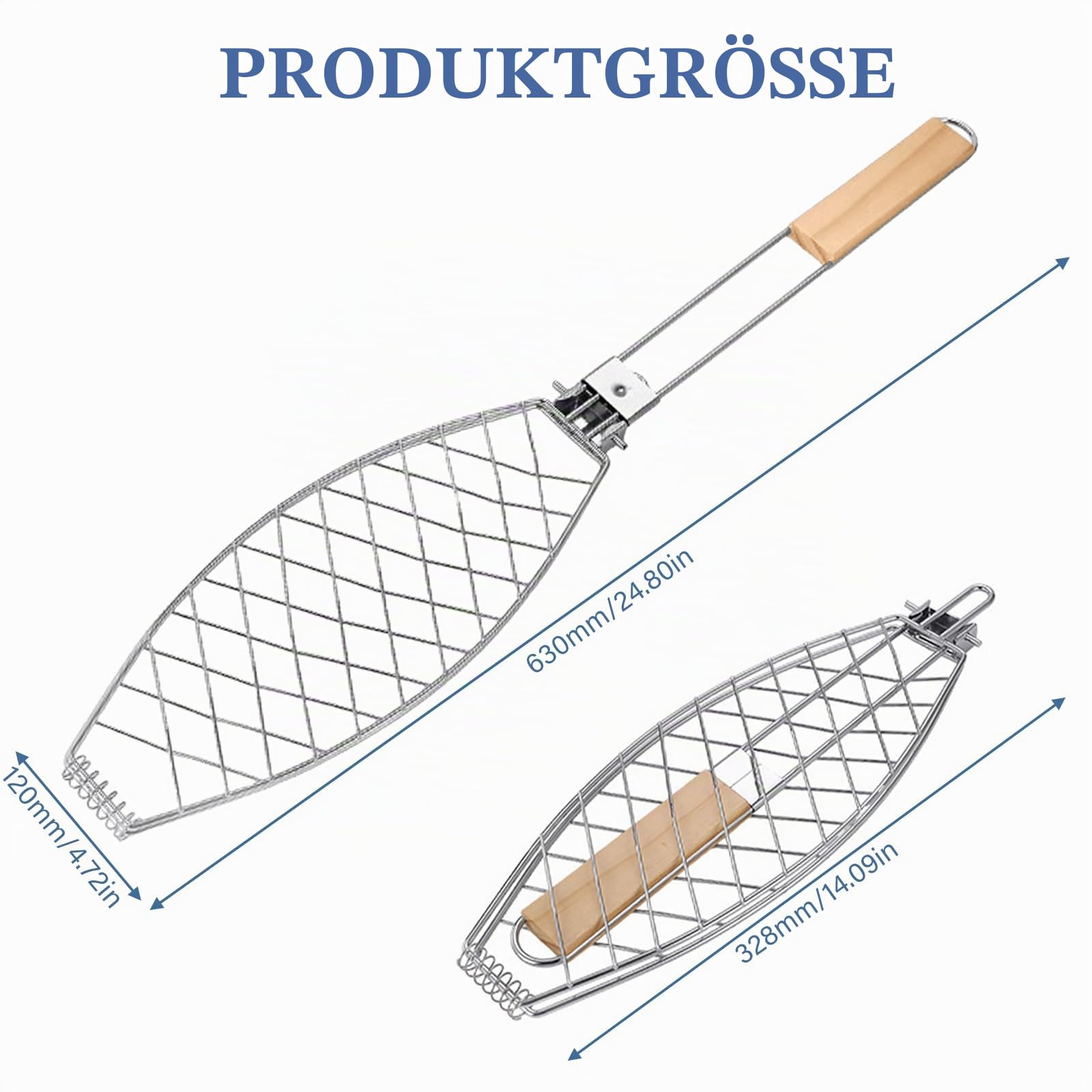 3 Stück Fisch Grillhalter mit Holzgriff, 63x12cm Große Fischbräter Fischgriller mit Griff aus Metall, Grillfisch Rack Fischgrillzange Fischkorb für Grill und BBQ
